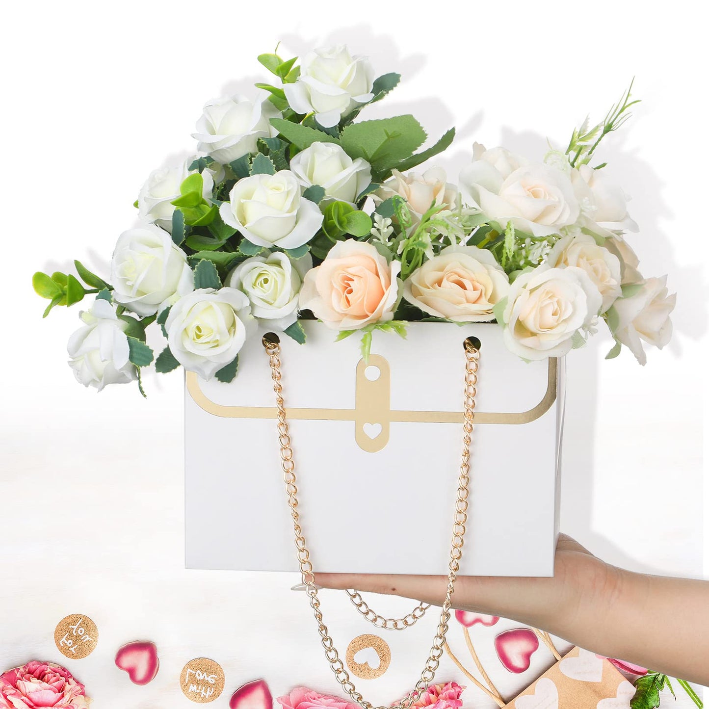 Lincia 12 Pcs Mother's Day White Flower Box Wedding Flower Paper Gift Bag Bouquet Boxes with Handle Boxes for Arrangements Bouquet Wrapping Paper for Mother's Day Wedding Baby Shower