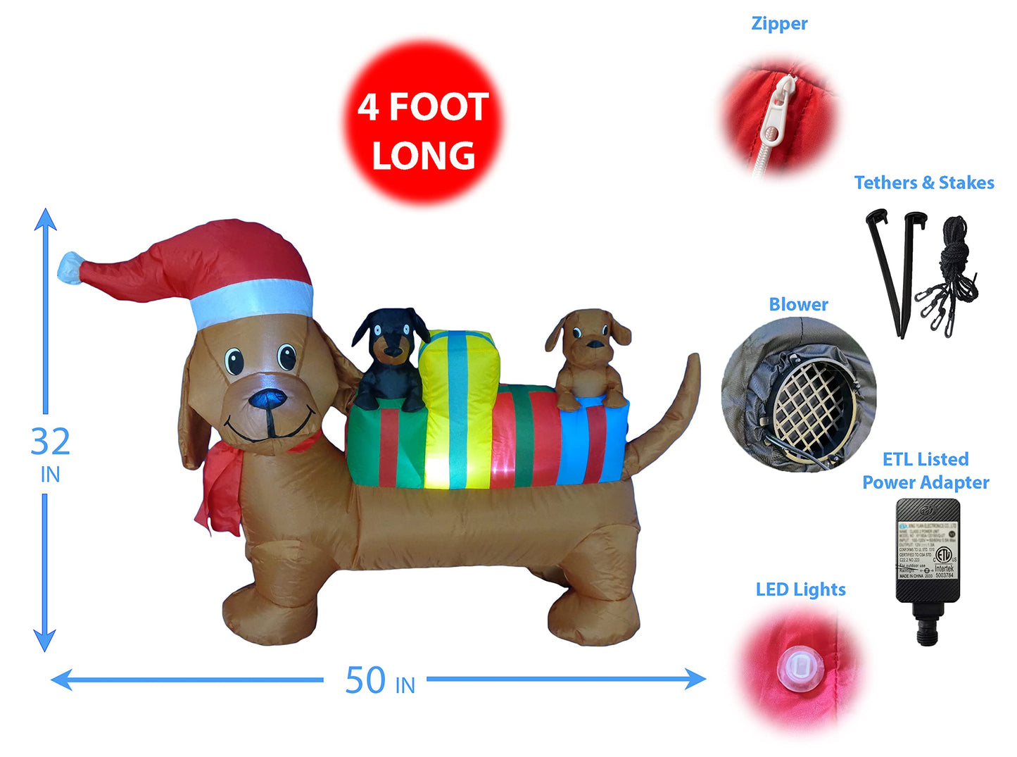4 FT Long Lighted Christmas Inflatable Trio of Dogs with Gift Boxes – Outdoor/Indoor Yard Blow-Up Holiday Decoration with Built-in LED Lights, Self-Inflating, Weather-Resistant Fabric