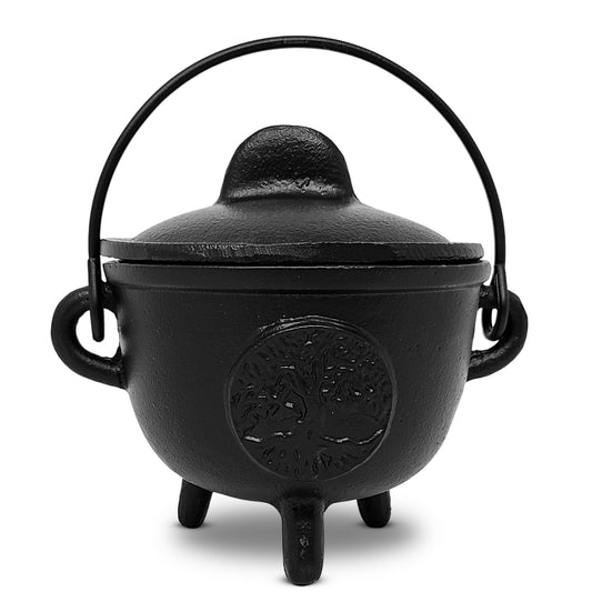 New Age Imports, Inc. Tree of Life Cast Iron Cauldron w/Handle & lid, Ideal for smudging, Incense Burning, Ritual Purpose, Decoration, Halloween Decoration, Candle Holder, etc. (Tree of Life - BR94)