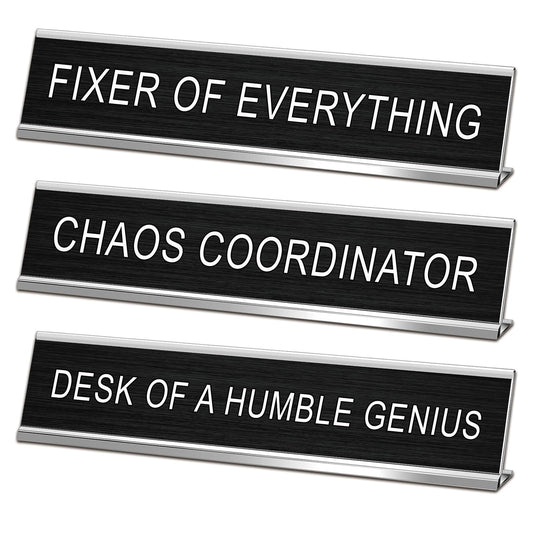 3 Pcs Chaos Coordinator Fixer of Everything Desk of a Humble Genius Funny Desk Signs for Office, Black Base Novelty Nameplate Office Decor Plaque for Coworker Gift 10 x 2"