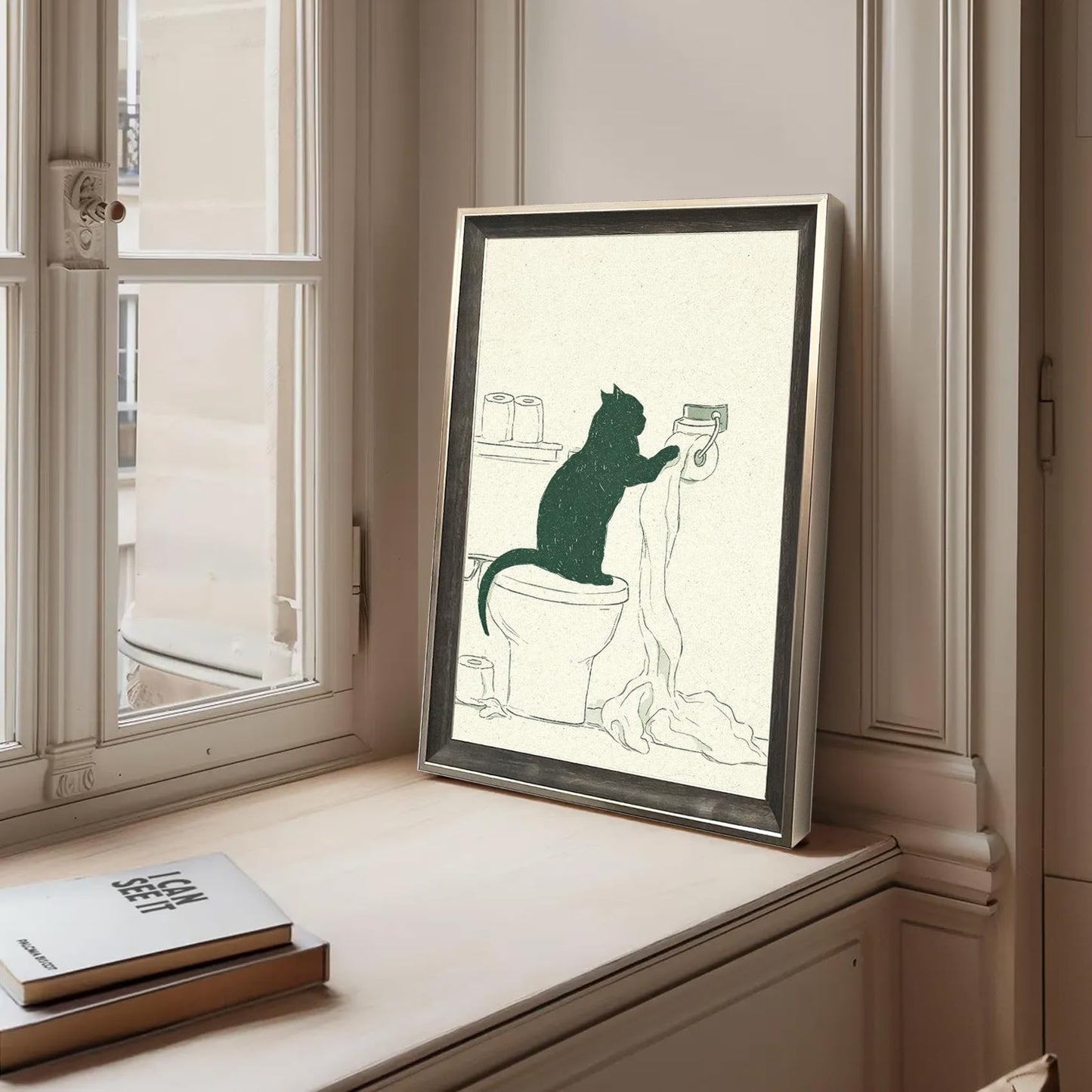 Framed Funny Cat Bathroom Wall Art Minimal Black Cat Toilet Paper Sketch Line Drawing Canvas Print Humorous Decor for Bathroom Guest Toilet Ready to Hang 12inx16in
