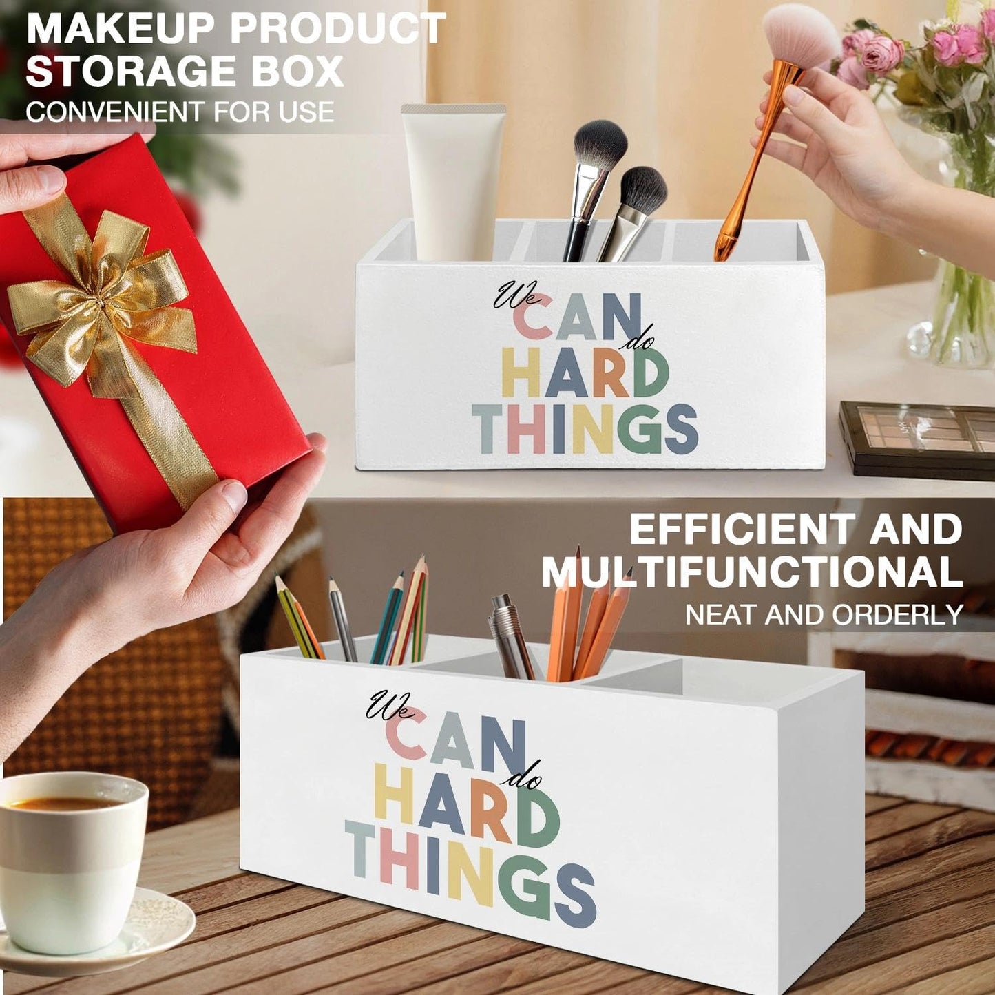 LIANGEAGOM Boho Inspirational Pen Pencil Holder Organizer for Desk Accessories, Mental Health We Can Do Hard Things Motivational Wooden Box Signs Decorations for Therapy Counselor Office Desk Tabletop