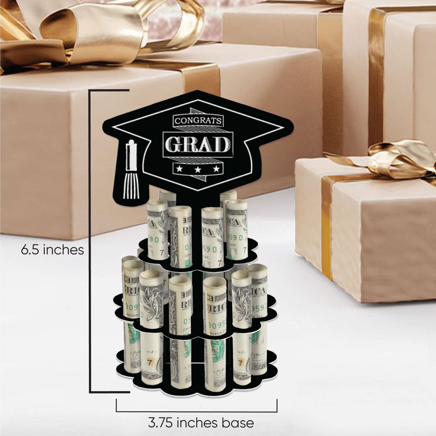 Big Dot of Happiness Graduation Money Gift Holder - DIY Celebration Cash Cake Stand with 20 Bill Slots, Black and White Decorative 2-Tier Cap Design, Party Display - Assorted Grad - Set of 3