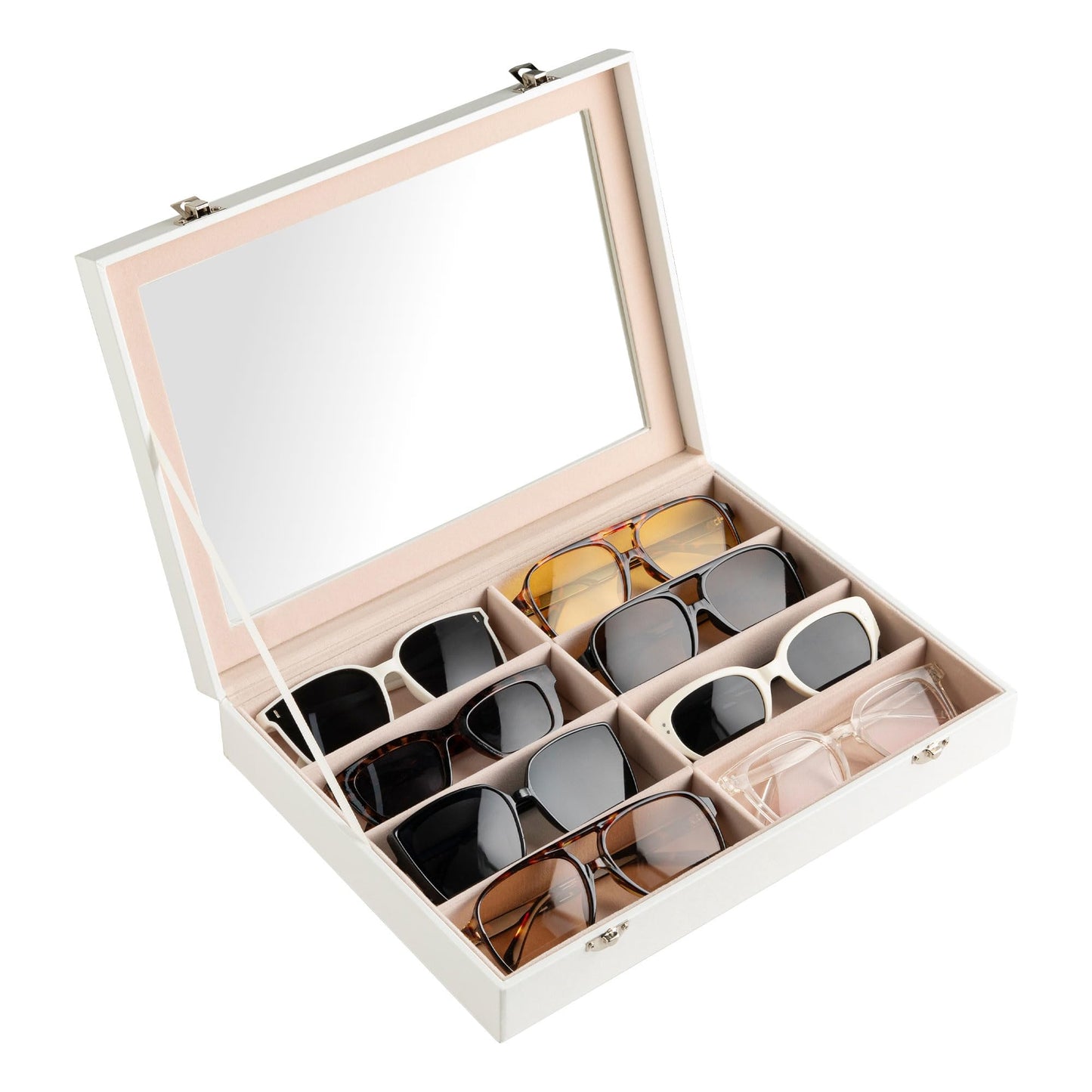Frebeauty Sunglass Organizer,PU Leather Glasses Organizer,8-Slot Sunglasses Tray with Clear Lid,Men's/Women's Sunglasses Box,Sunglass Case,13.3x9.65x2.48 Inches,Eyeglass/Eyewear Display Tray(White)
