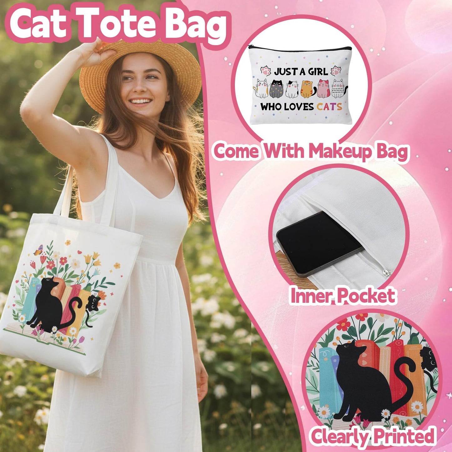 Cat Gifts for Cat Lovers Cat Office Supplies Canvas Tote Bag Spa Headband Cute Sticky Notepad Paper Clips Ballpoint Pen Cartoon Stickers Party Favor for Birthday Festival Gifts