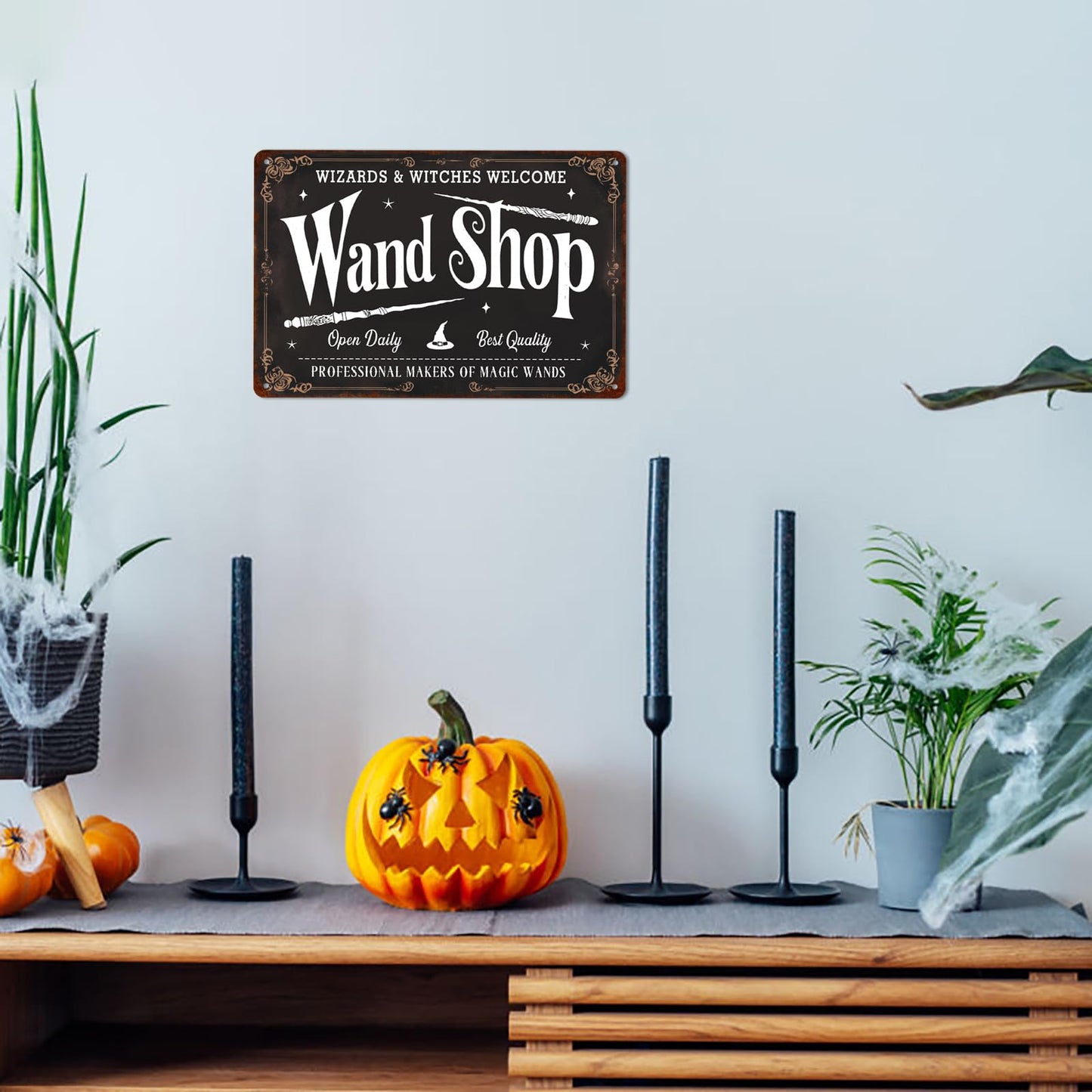 Wand Shop Wizards & Witches Welcome Halloween Metal Tin Sign Wall Art for Farmhouse Home Cafes Haunted House Halloween Holiday Party Decor 8x12 Inch