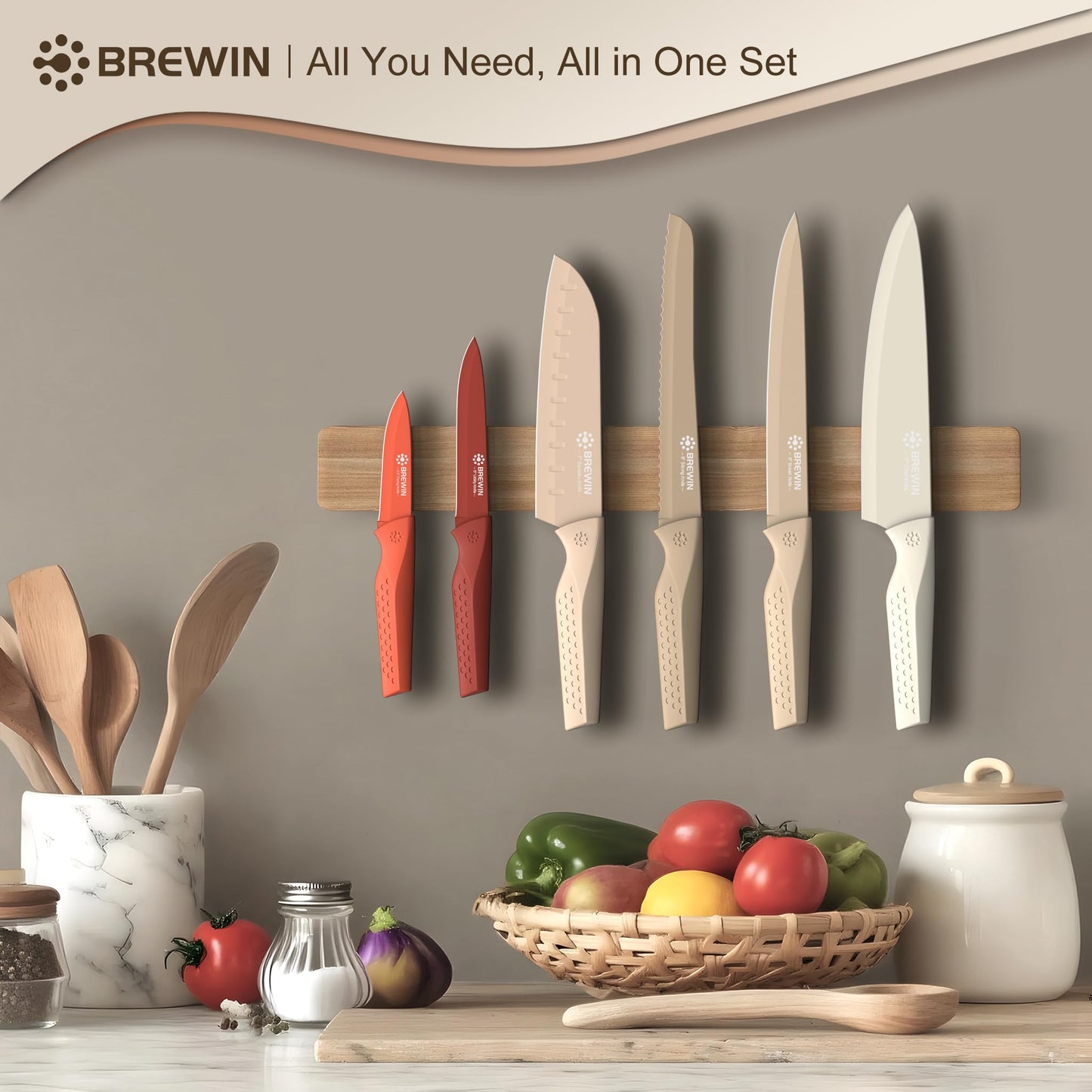 Brewin Knife set, 13 Pieces Kitchen Knives Set with Sharpener, Anti-Rust Coating and Blade Guard, Home Essentials, Camping Essentials - Muliticolor