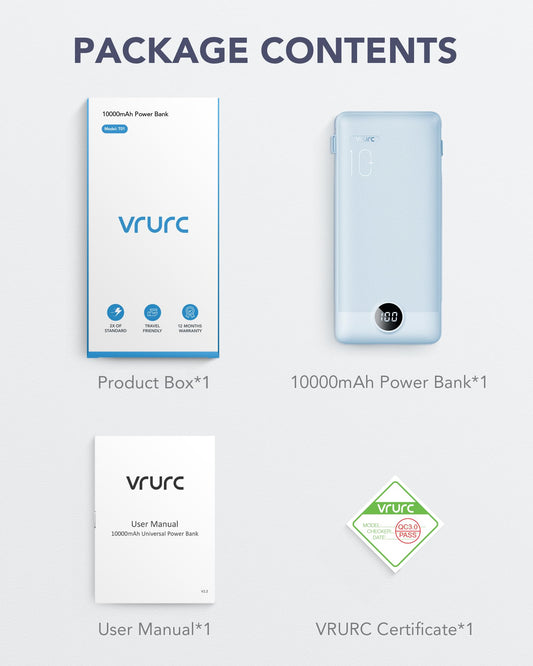 VRURC Portable Charger Built-in Cables and AC Wall Plug, USB C Power Bank 10000mAh, Travel Essentials Phone Charger Compact Lightweight External Battery Pack for Smart Phones, Tablets etc-Blue