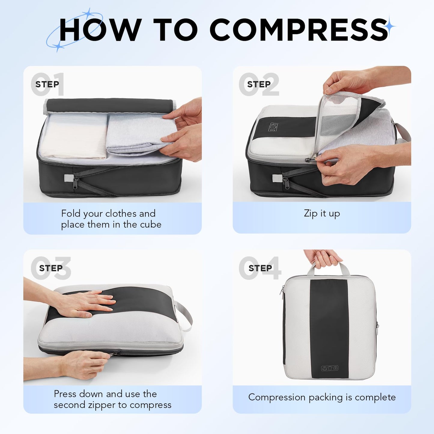 6 Set Compression Packing Cubes for Travel Essentials,Compressible Expandable Packing Cubes for Suitcase,OlarHike Luggage Organizer Bags for Travel,Handy Helper for Organizing Clothes(Black)