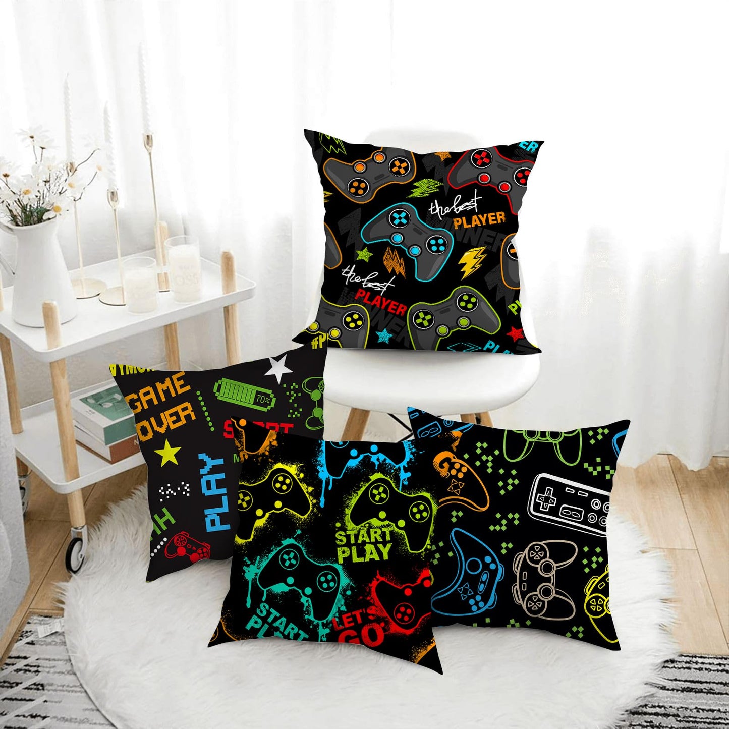 Gamer Room Decor for Boys, Gamer Pillow Covers 18x18 Inch Set of 4, Gaming Gifts, Game Room Decor Accessories for Teen Boy Bedroom Playroom Couch Chair