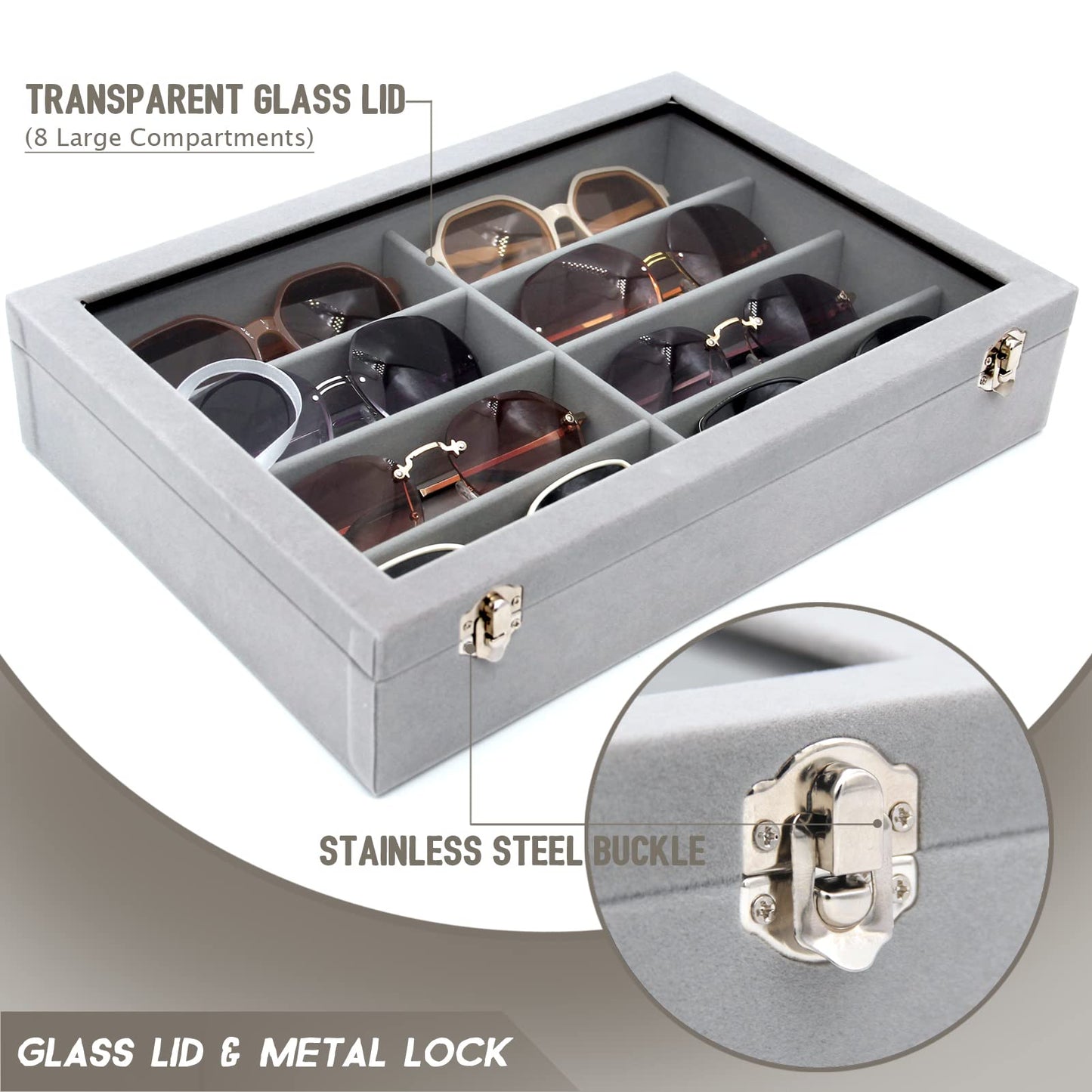 KLOUD City Luxury Sunglasses Organizer - 8 Slot Velvet Jewelry Storage Case with Clear Glass Lid | Dustproof, Scratch-Resistant Display for Glasses & Watches | Elegant Gift Box (14"x9.5")