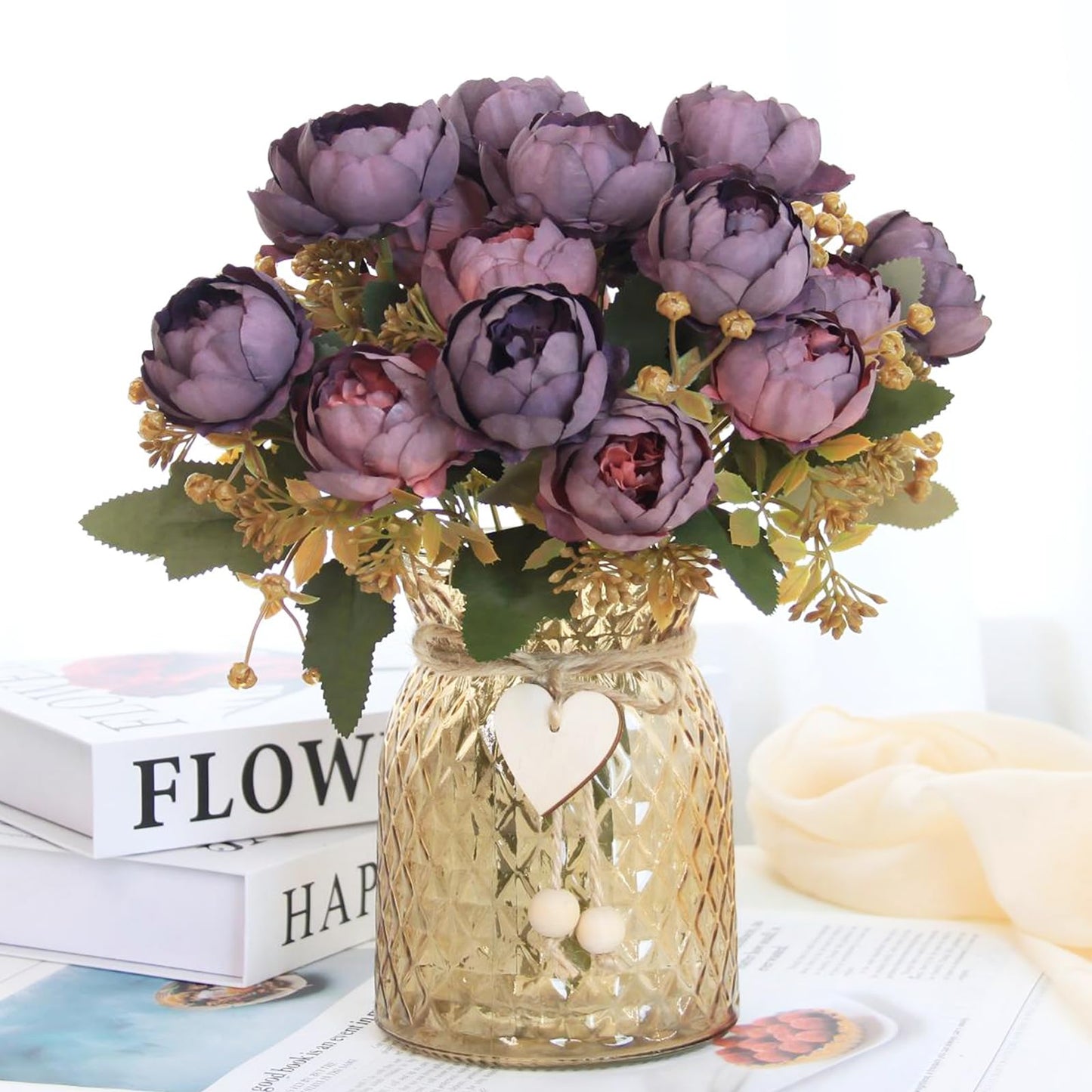 Leayiuvan Faux Flowers in Vase, Fake Flowers in Vase 21 Pcs Faux Peony Flowers, Artificial Flowers for Home Decor, Indoor Centerpiece for Living Room & Dining Table - Purple Red