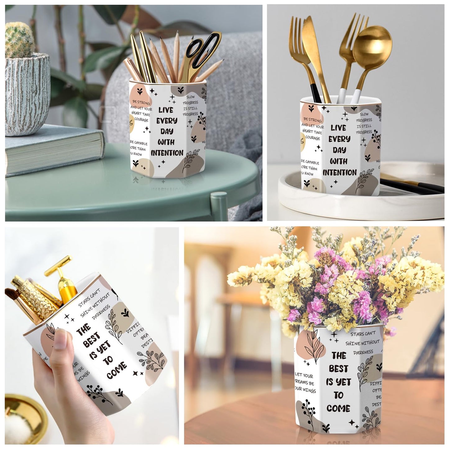 WAVEYU Cute Pen Holder for Desk, Ceramic Pencil Holder, Makeup Brush Holders, Desktop Stationery Organizer for School Students Office Women Teens Girls Boys, Words
