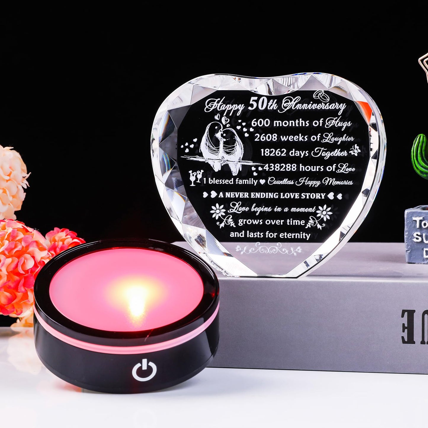 YWHL 50th Wedding Anniversary Crystal Heart Gifts for Parents Couple, Laser Engraved Romantic 50 Year Anniversary Crystal Keepsake Gifts for Wife Husband, 50 Years of Marriage Gift for Her Him