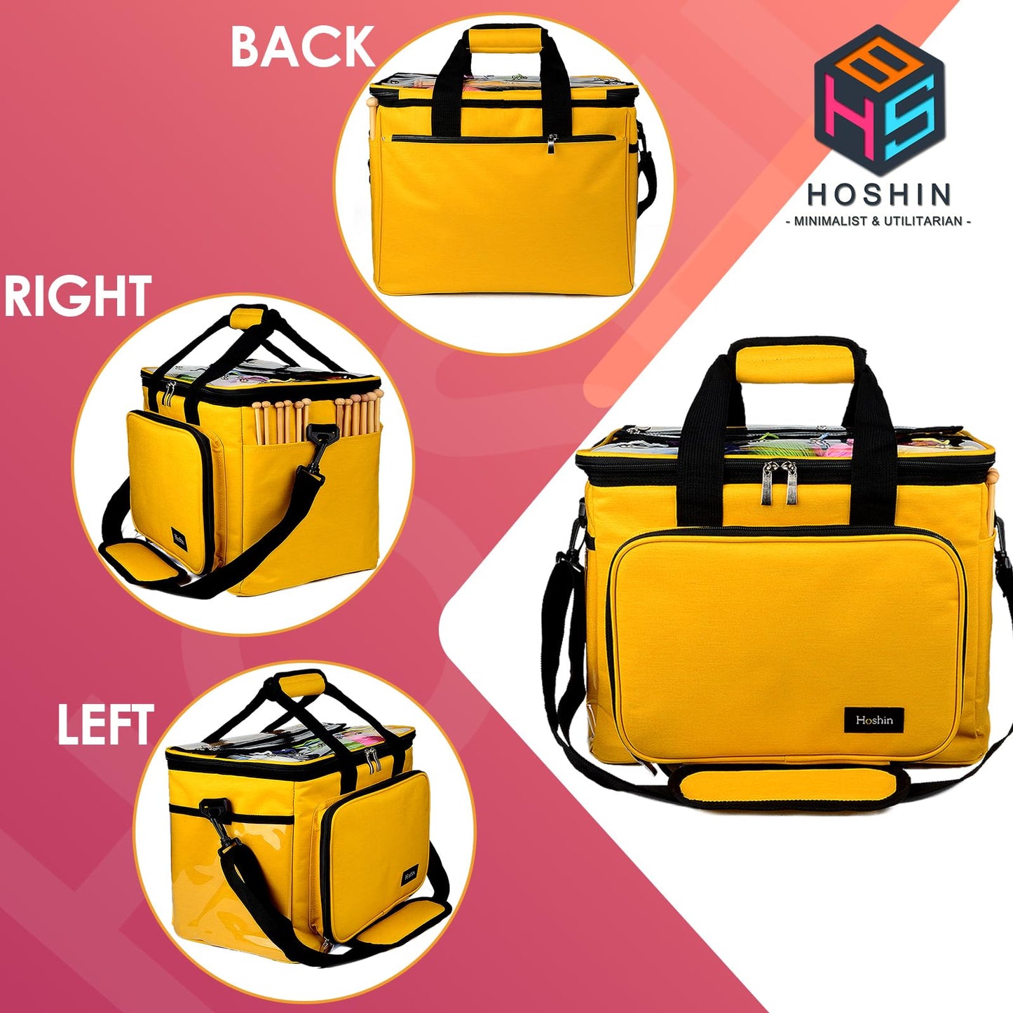 Hoshin Knitting Bag for Yarn Storage, High Capacity Yarn Totes Organizer with Inner Divider Portable for Carrying Project, Knitting Needles(up to 14”), Crochet Hooks, Skeins of Yarn (Yellow)