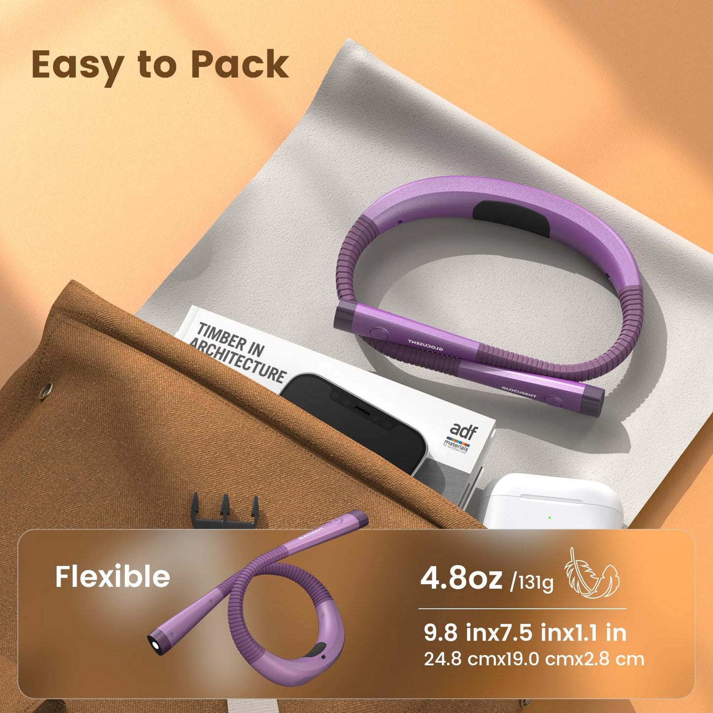 Glocusent Book Light, 3-Color & 6-Brightness Reading Light, Bendable Neck Light, 80-hr Lasting Rechargeable Book Light, Perfect Reading Lights for Books in Bed, Knitting, Repairing, Book Lovers Gifts