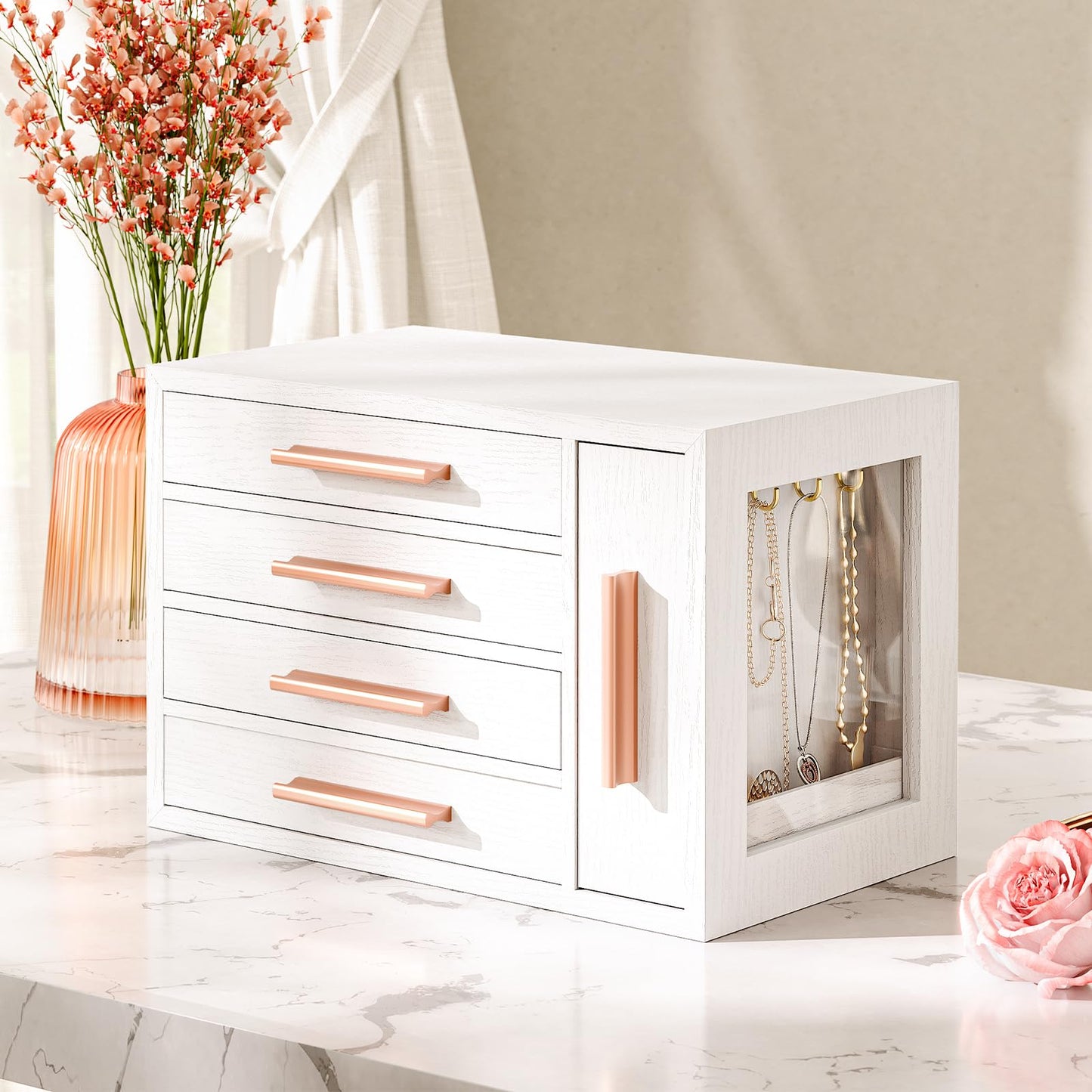 HOOBRO Jewelry Box for Women, Wooden Jewelry Organizer with Transparent Window, 4-Layer Jewelry Organizer Box, Jewelry Holder Organizer for Earrings, Necklaces, Rings, White and Gold WD09JB04