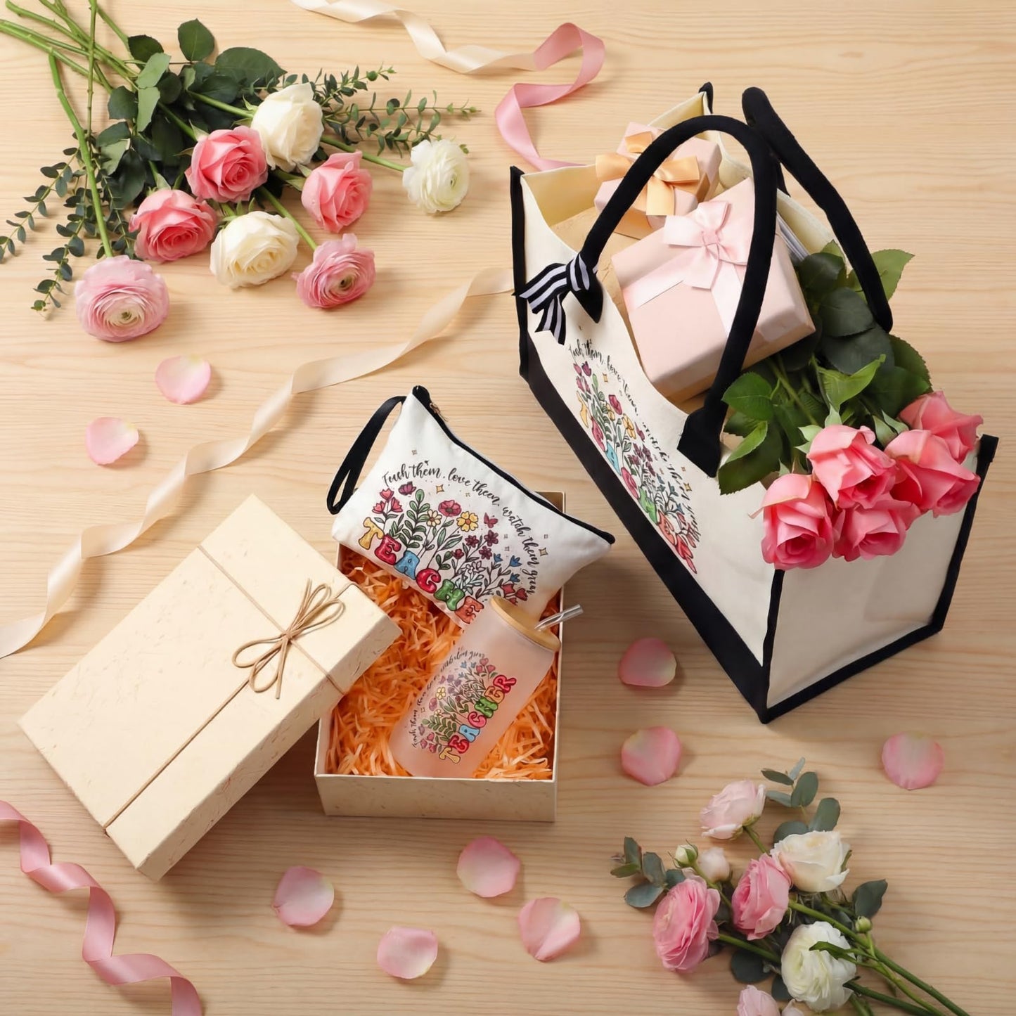 Sanwuta 6 Sets Teacher Appreciation Gifts for Women Thank You End of Year Teacher Gifts Set Include Tote Bag, Makeup Bag & 16oz Glass Cup for Employee Women Graduation Birthday School Office Supplies