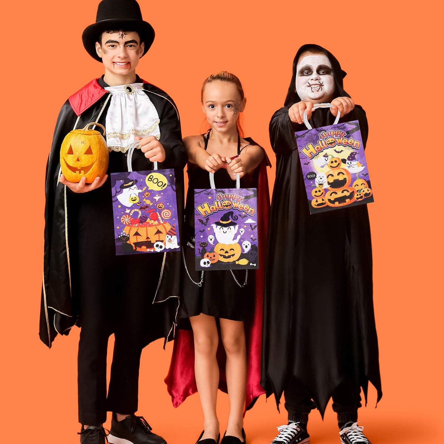 24Pcs Purple Halloween Paper Gift Bags and 24 Sheets Tissue Paper, Halloween Party Bags with Handle Candy Goodie Bags for Trick & Treat Party Supplies