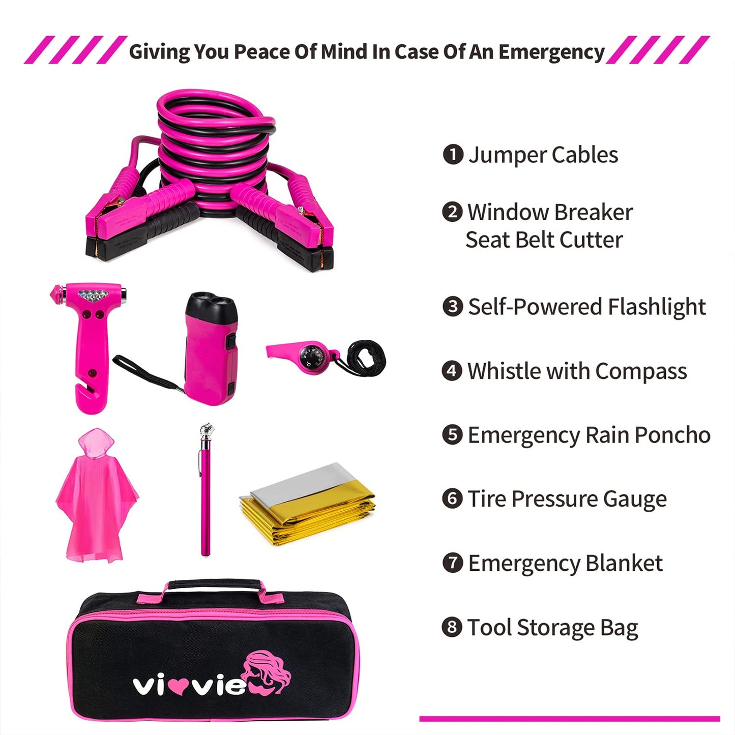 vioview Roadside Emergency Car Kit for Vehicles, Car Safety Kit with Jumper Cables, Safety Hammer, Pink Car Accessories Road Trip Essentials Assistance Kit for Teen Girls Women