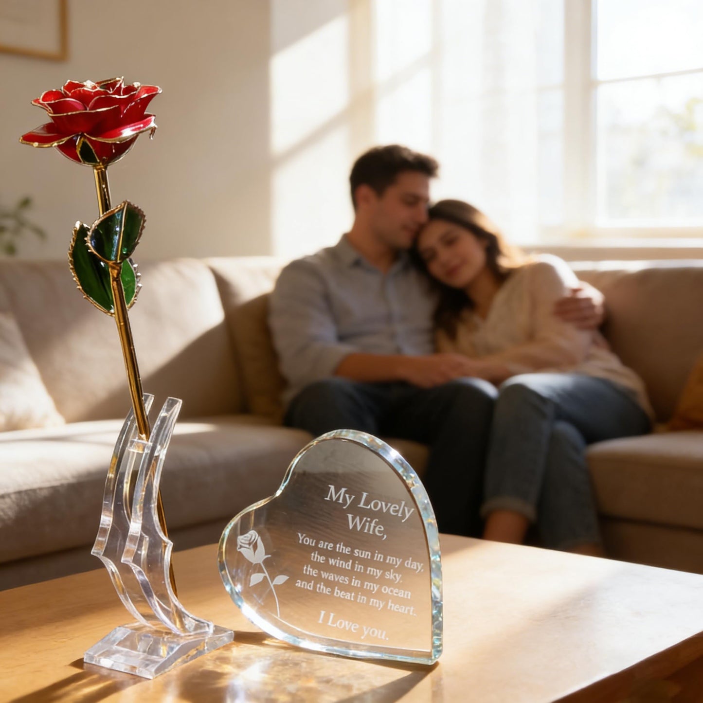 Zyphlux Anniversary|Birthday Gifts for Wife-Engraved Wooden Set'To My Wife' with Crystal Heart & 24k Gold Dipped Rose from Husband -Romantic Valentines Gifts Ideas for Her