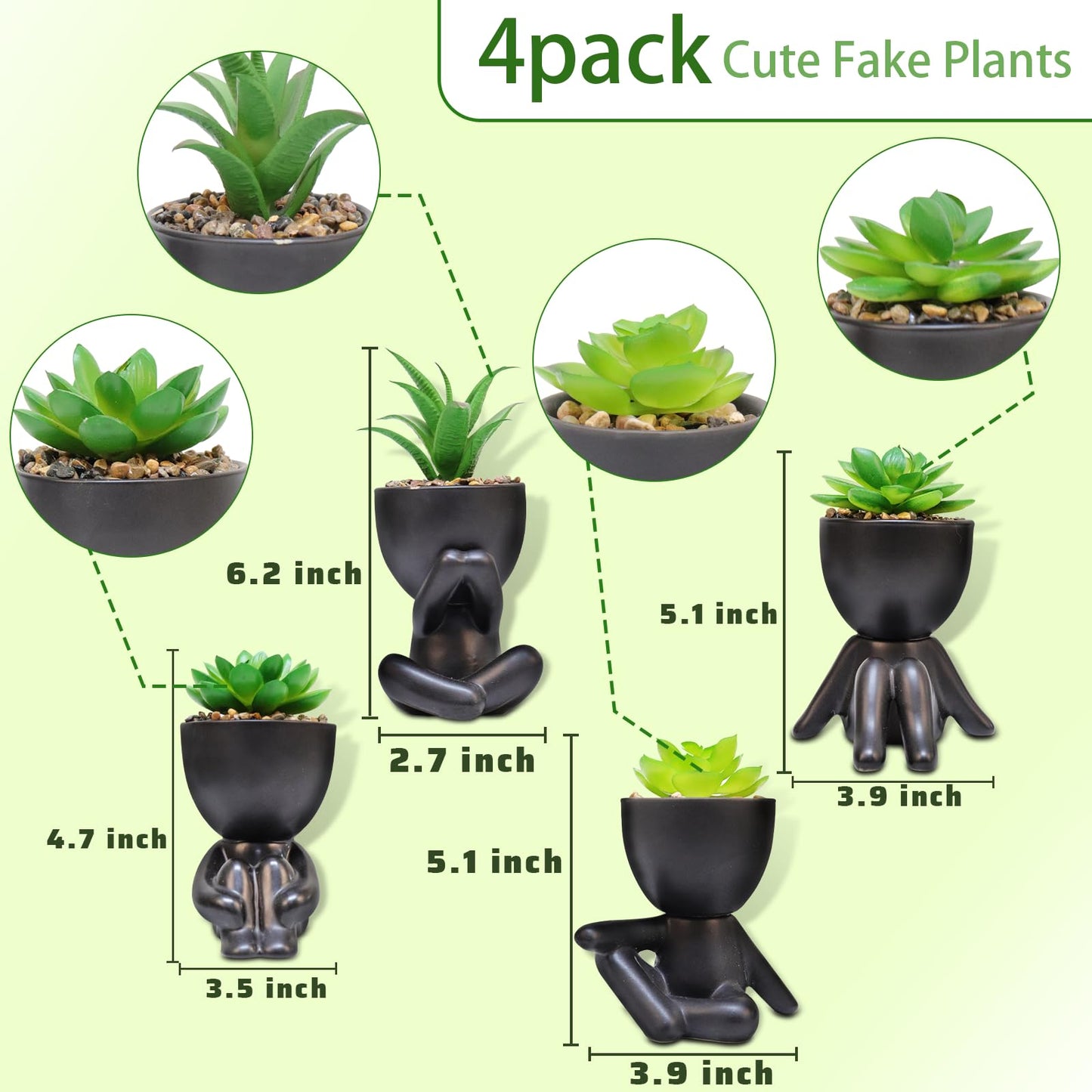 SEMSOIIO Pack of 4 Cute Artificial Succulent Plants in Human Shaped Pots, Funny Desk Decor for Office Women Men, Aesthetic Room Decor, Small Fake Plants for Shelf Bathroom Home Office Gifts (Black)