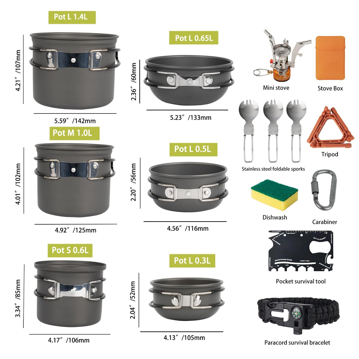WAILAMHK Camping Cookware Mess Kit, 17 pcs Backpacking Cooking Gear, Lightweight Camping Pots and Stove Set for 3 Person, Outdoor Cooking Gear Ideal for Camping, Hiking, Backpacking and Picnic