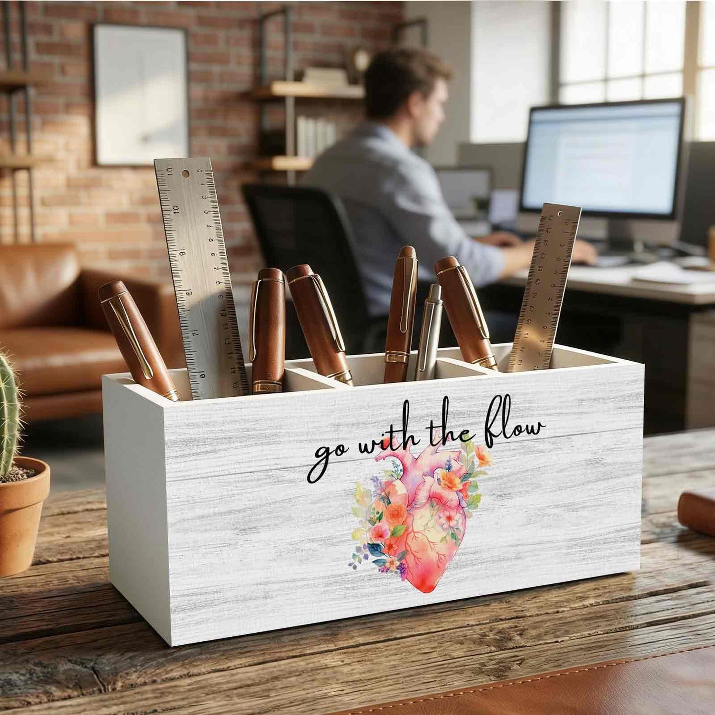 XINCEYWJ Nurse Office Pencil Pen Holder for Desk Organizer, Nurse Appreciation Gifts, Nursing Week Gifts, Go with the Flow Flower Heart Wooden Box Decorations for Office Desk Tabletop Decor