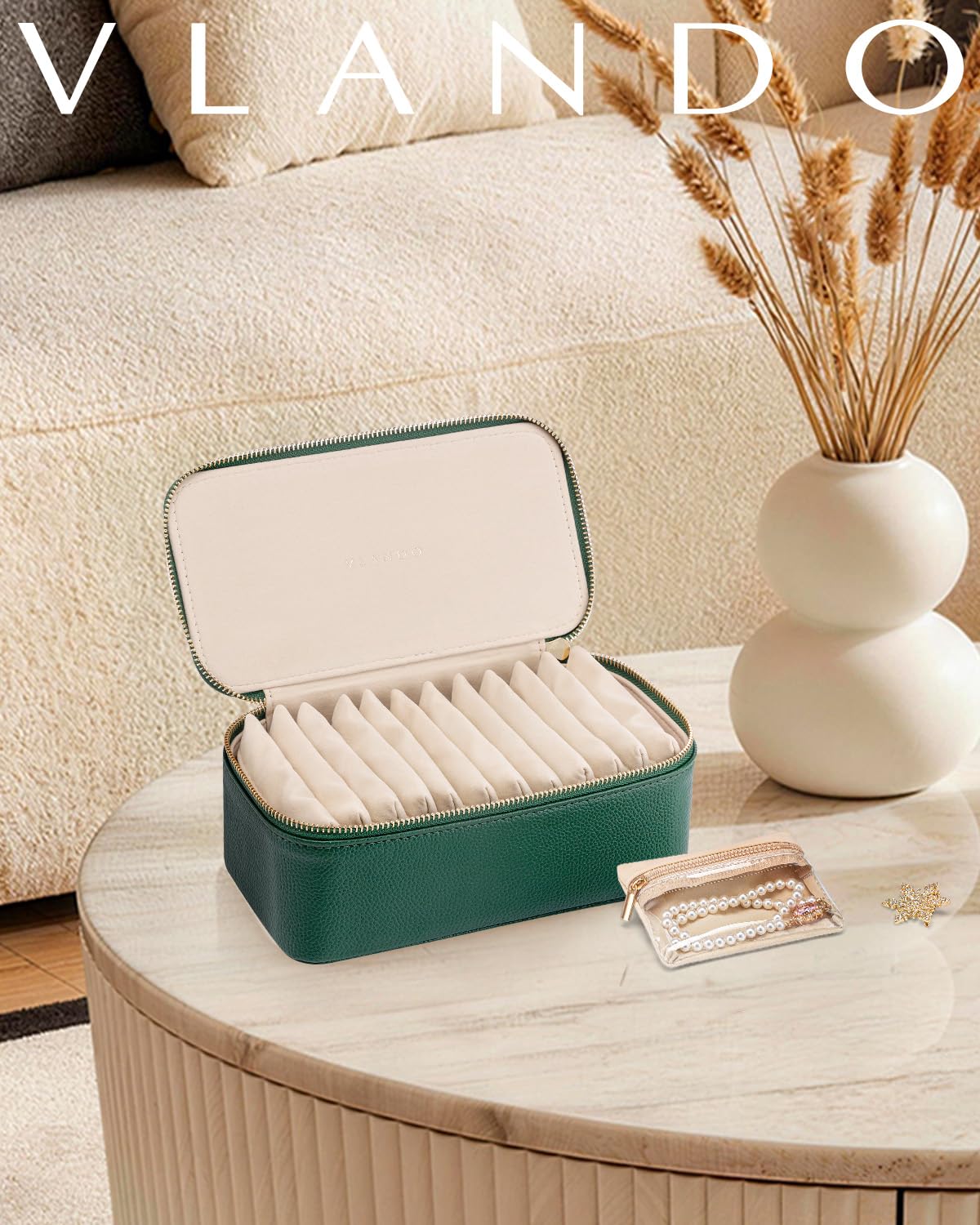 VLANDO Gifts for Teachers,Jewelry Case with 12 Velvet Jewelry Bags Travel Jewelry Organzier for Travelers Necklace Rings Earrings Jewelry Bags Birthday Wedding Gifts (Green)