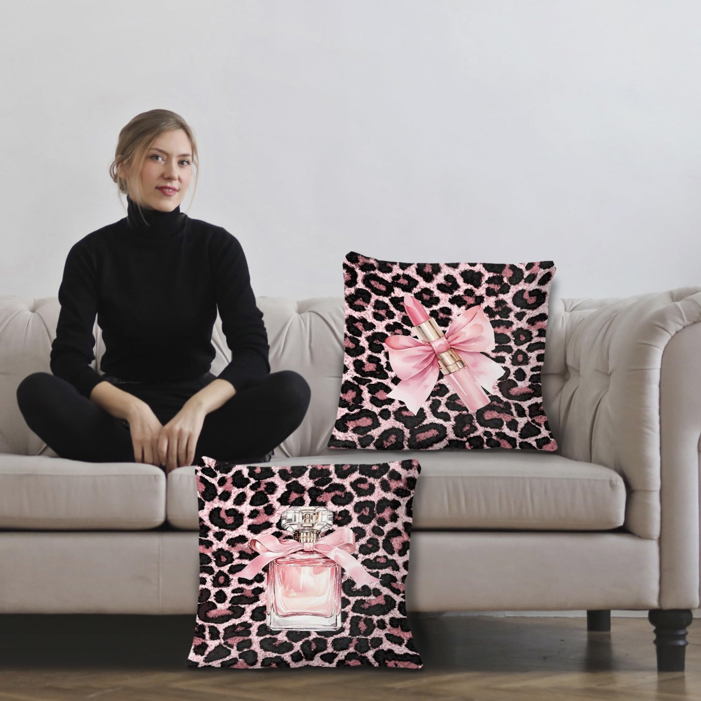 Exqcom Pink Leopard Print Pillow Covers 18x18 Set of 2, Preppy Room Decor Aesthetic, Coquette Girly Lipstick Perfume Cheetah Throw Pillow Covers for Girls Room Dorm Apartment Sofa Couch