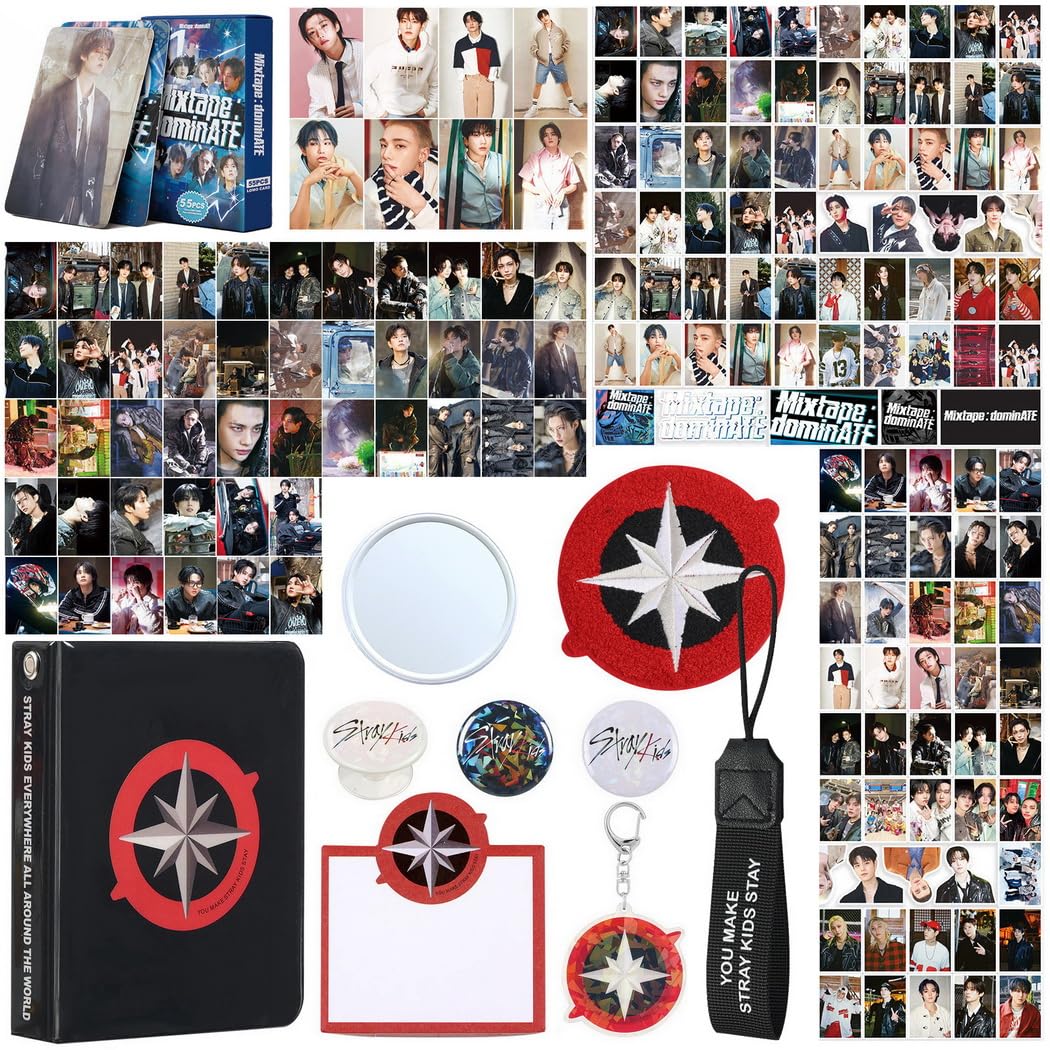 X9H8N9 Skz Merch Stray Fans Gifts Set,Including Photocards, Stickers,Photocards Binder, Coaster,Lanyard,Sticky Notes,Keychain, Pins,Mirror