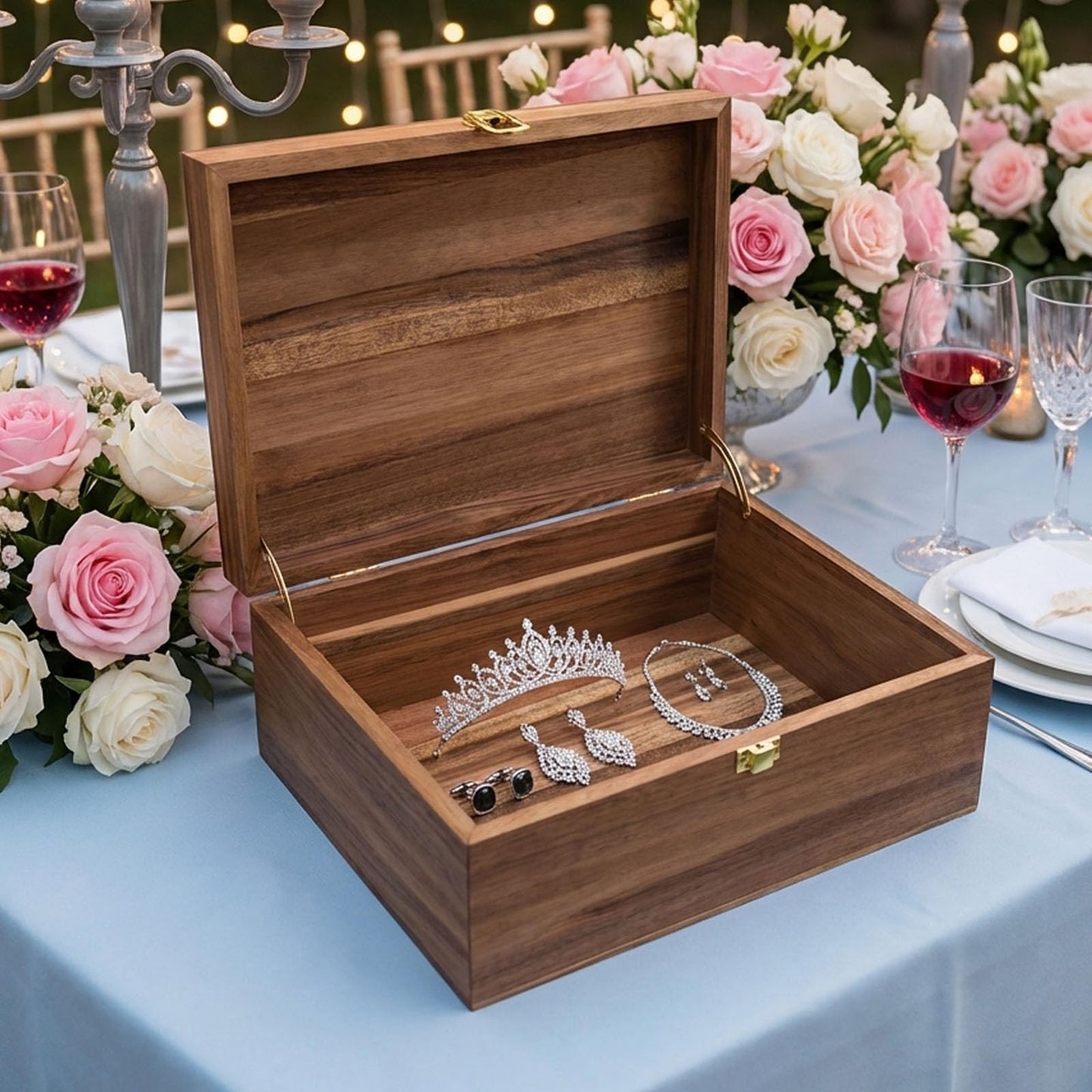 LuckyZoo77 Wooden Keepsake Box with Hinged Lid, Solid Acacia Wood Storage Box with Golden Latch, Large Memory Treasure Box for Photos, Jewelry, Letters & Gifts, 11.8” x 8.66” x 5.31”