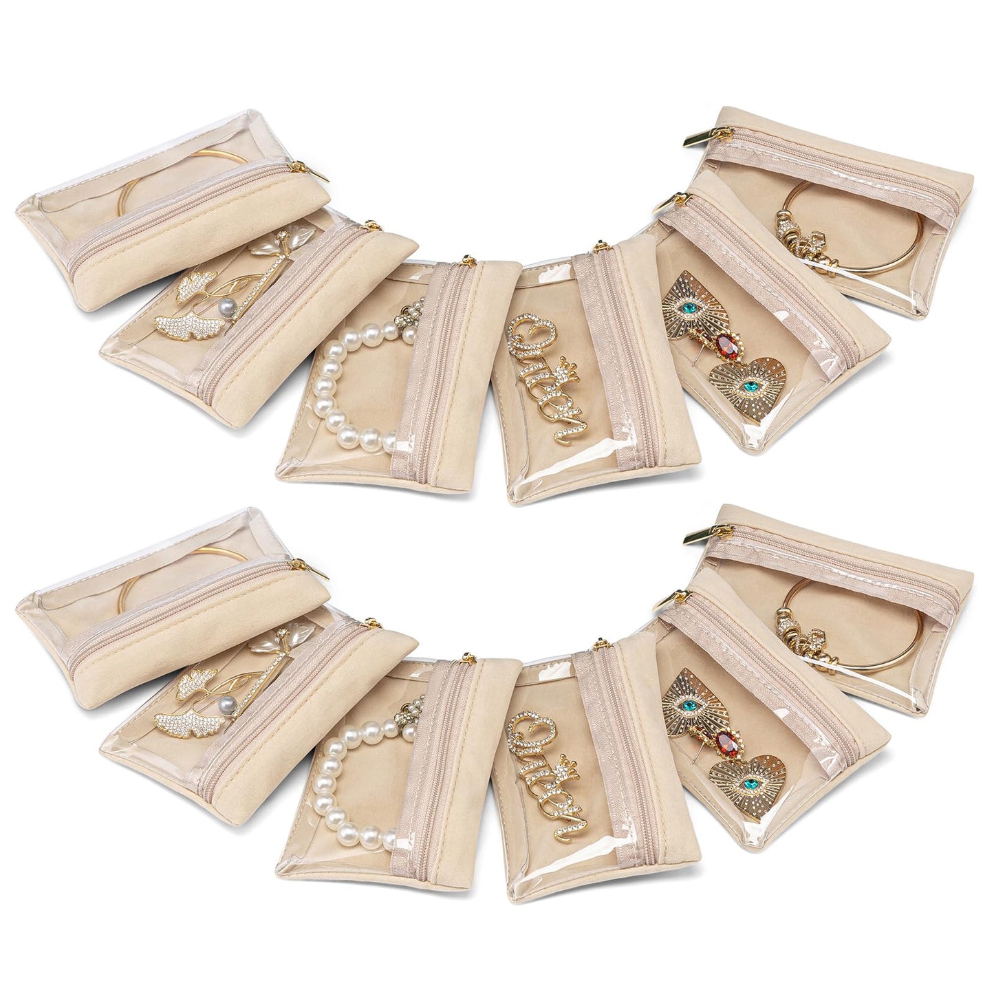 VLANDO Jewelry Travel Case,Travel Jewelry Organizer with Clear Velvet Jewelry Bags Zipper Pouch for Women Girl Gift 12Pcs Bag