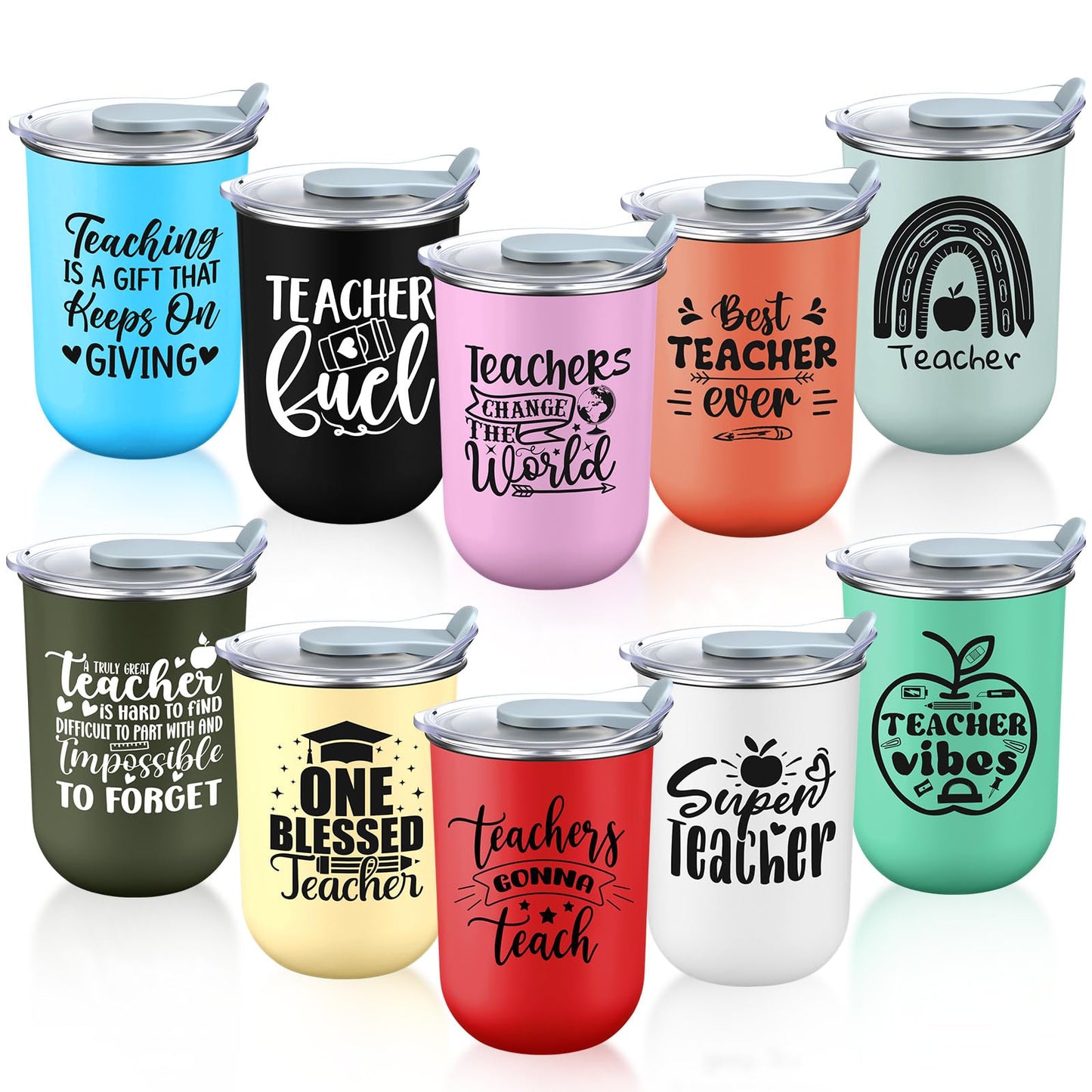 LemonRoad 10 Pcs Teacher Appreciation Gifts Coffee Mugs Bulk 10 oz Teachers Stainless Steel Tumblers Thank You Cups with Lids for Women Men End of The Year Gifts (Super Teacher,Morandi Color)