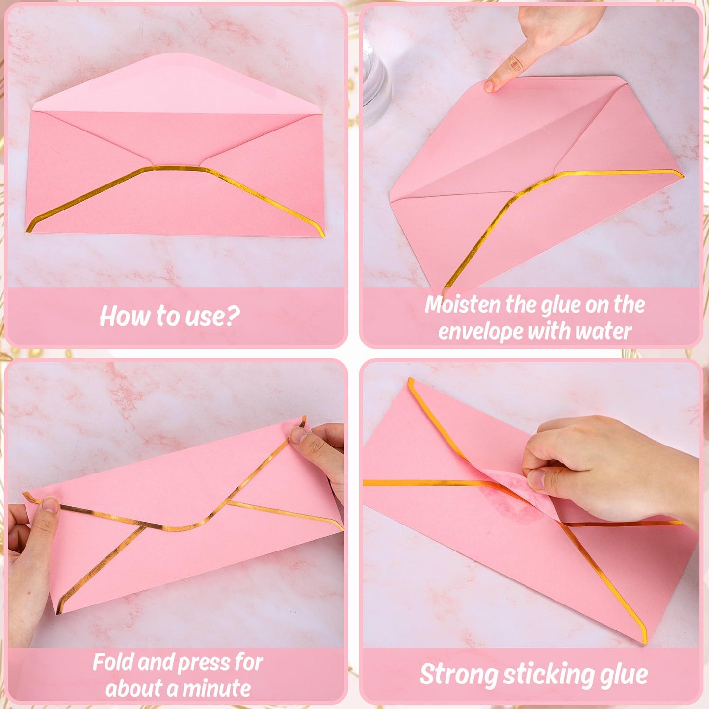 Whaline 50 Pcs Business Envelopes Pink Envelopes V Flap with Gold Foil Border Gift Card Envelopes Self-Adhesive Seal Luxury Mailing Envelopes for Office Valentine Wedding Baby Shower Bridal Birthday