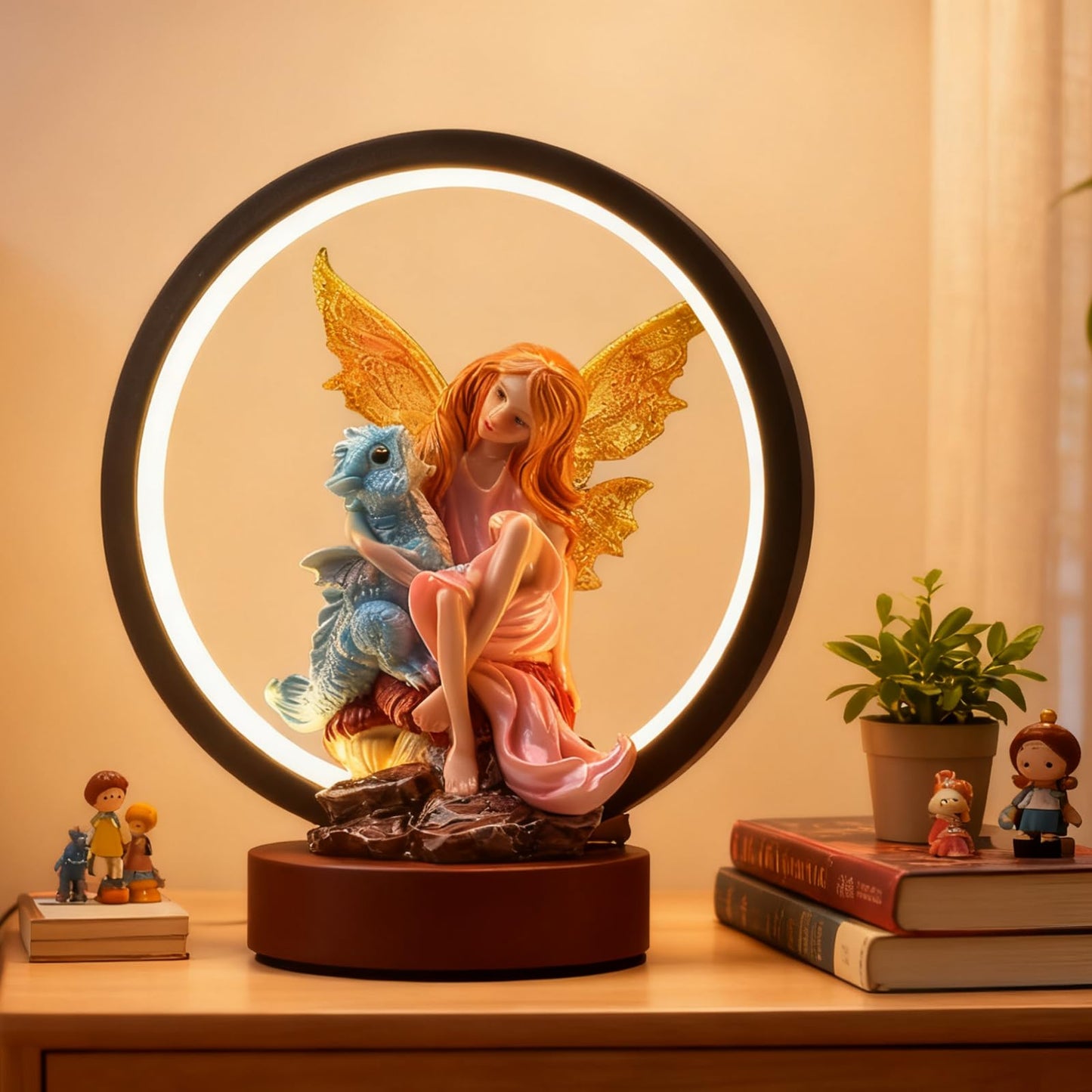 Hmusnwol Fairy Dragon Figurine Lamp - Fairy Collection Pixie Statue with 6.15 inch LED Circle Table Lamp for Gifts,Fantasy/Bedroom/Bookshelf/Desk Decoration