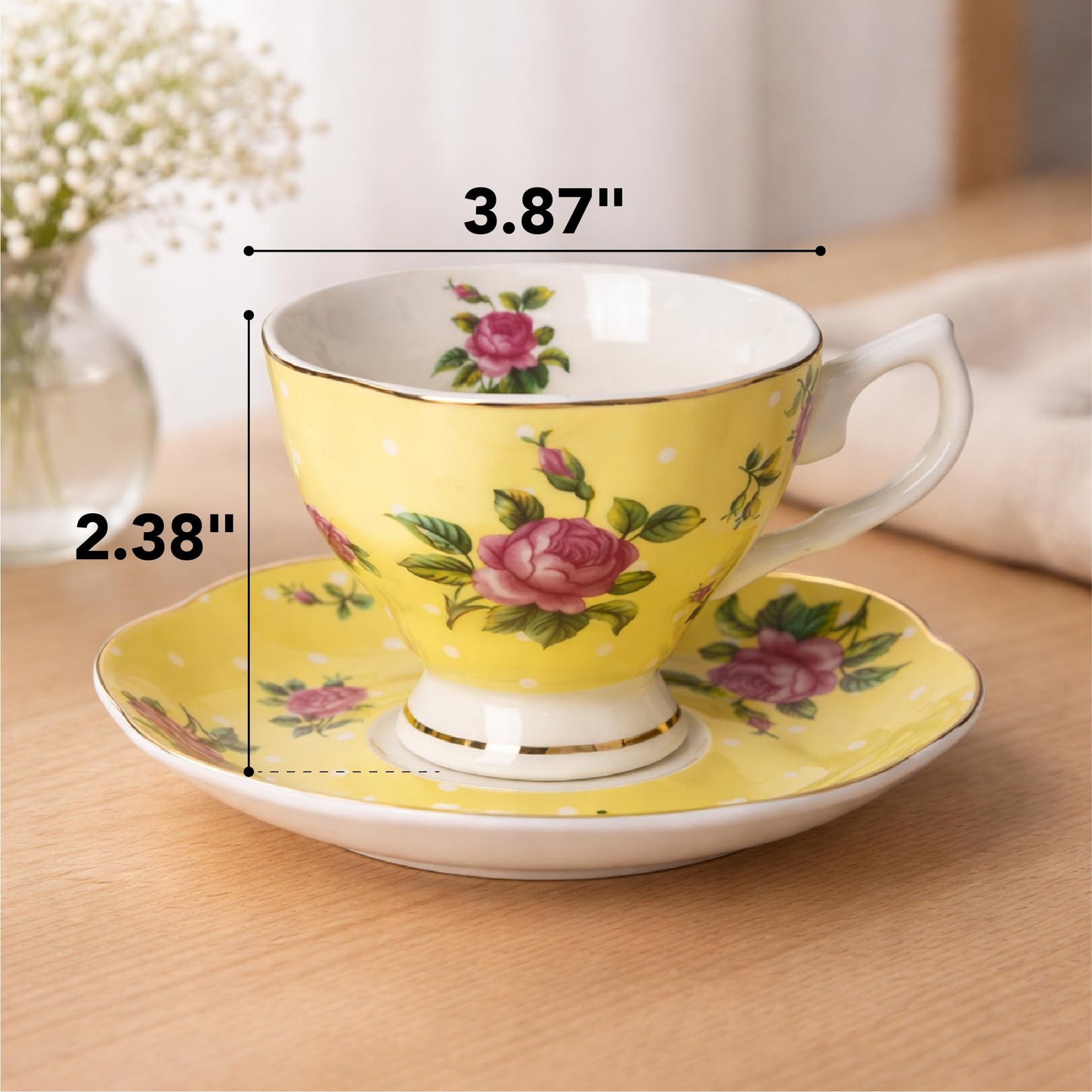 BTaT- Floral Tea Cups and Saucers, Set of 12, 8 oz, Fine Porcelain Teacup Set with Gold Trim for Afternoon Tea, Weddings, Parties & Gifting, Dishwasher Safe, Lightweight, Non-Toxic, Mothers Day Gift