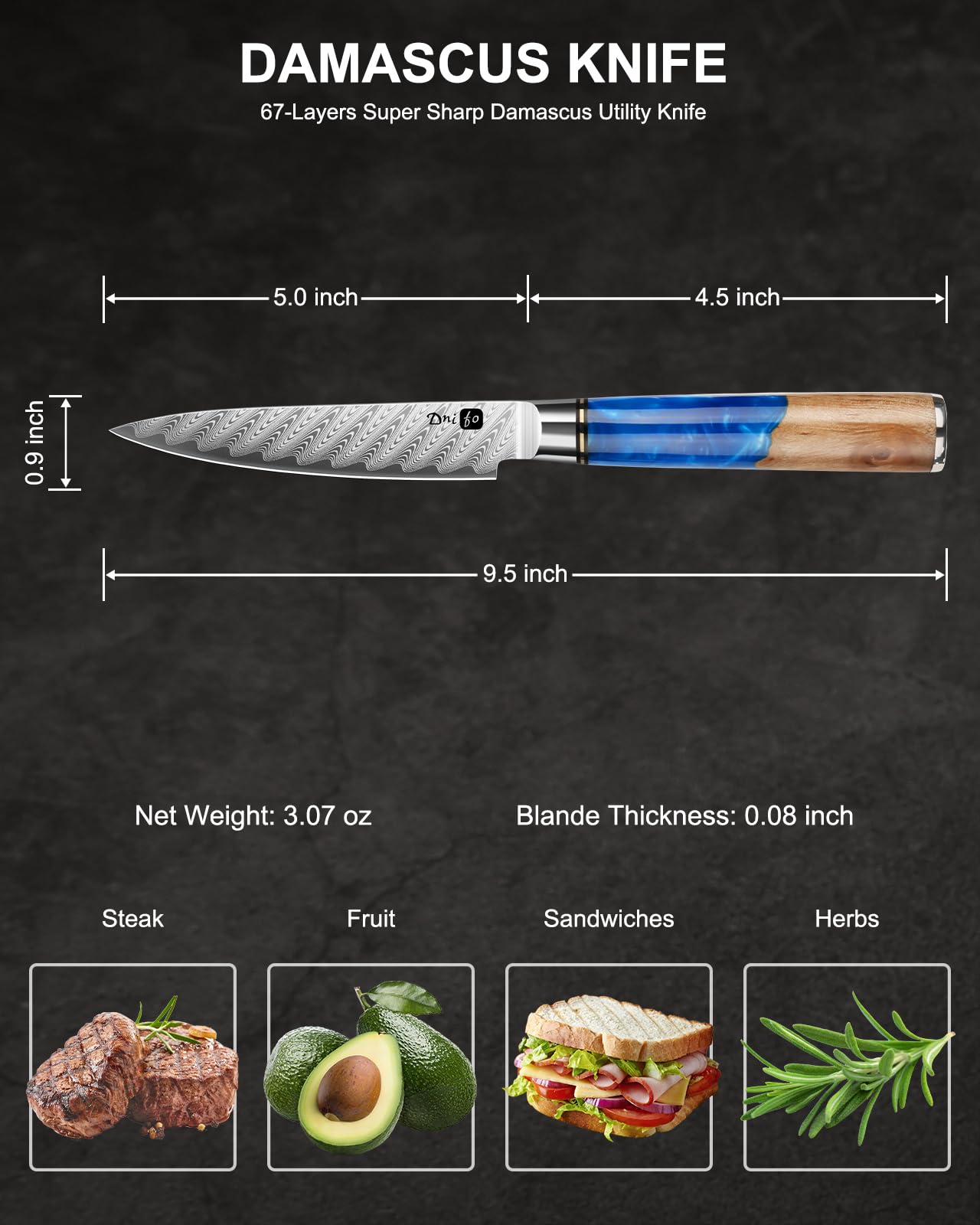 Dnifo Kitchen Utility Knife 5 Inch, Japanese VG10 Steel Damascus Paring knife, Small Kitchen chef Knife with Gift Box and Resin Wood Handle, Ideal Birthday Gift for Men and Women