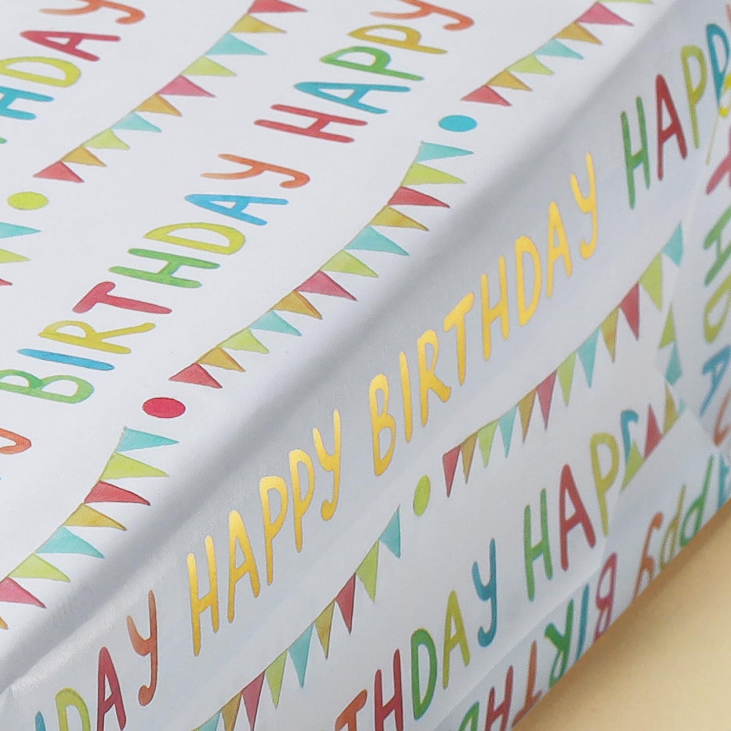 LaRibbons Reversible Happy Birthday Wrapping Paper, Colorful Birthday Lettering with Party Bunting, Stripe & Gold Foil Star Design on Back, Festive Gift Wrap for Party Celebration, Kids, Girls, Women, 17" x 33'
