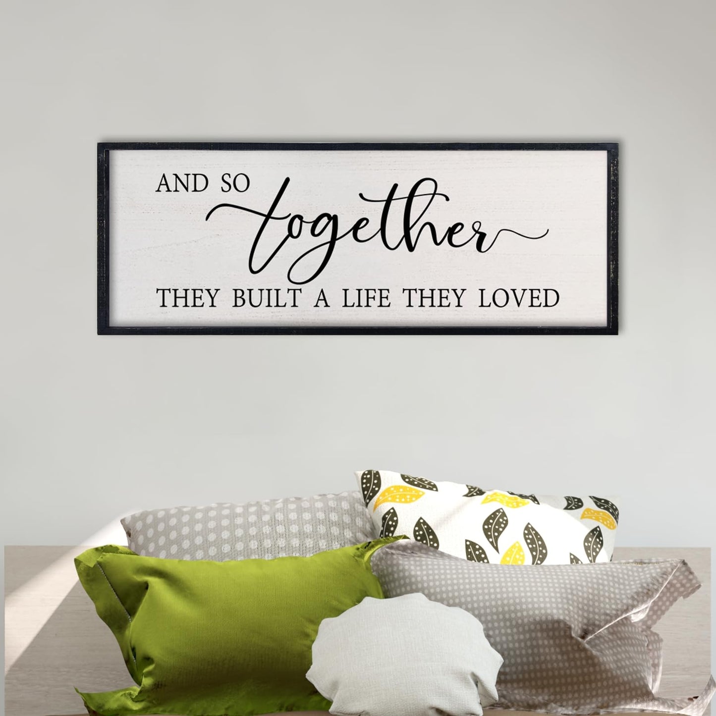 comurdyo Love Quote Wall Art And So Together They Built A Life They Loved Sign 32×12 Inch for Master Bedroom Over the Bed Living Room Farmhouse Rustic Wood Framed Wall Hanging Decor (Black)