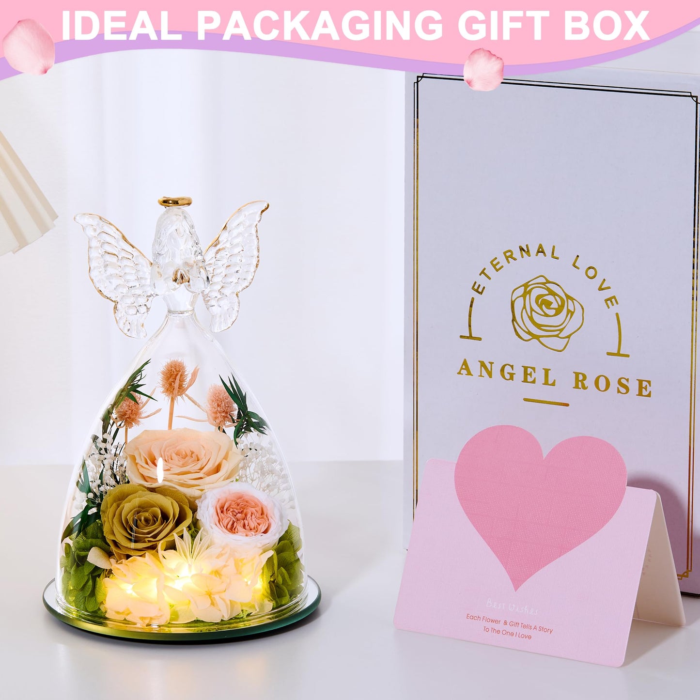 Tiaronics Mothers Day Rose Gifts for Women Preserved Real Flower in Glass Angel Figurines Roses for Delivery Prime Birthday Gifts for Mom Grandma Girlfriend Wife Her, ChampagneGold Austin