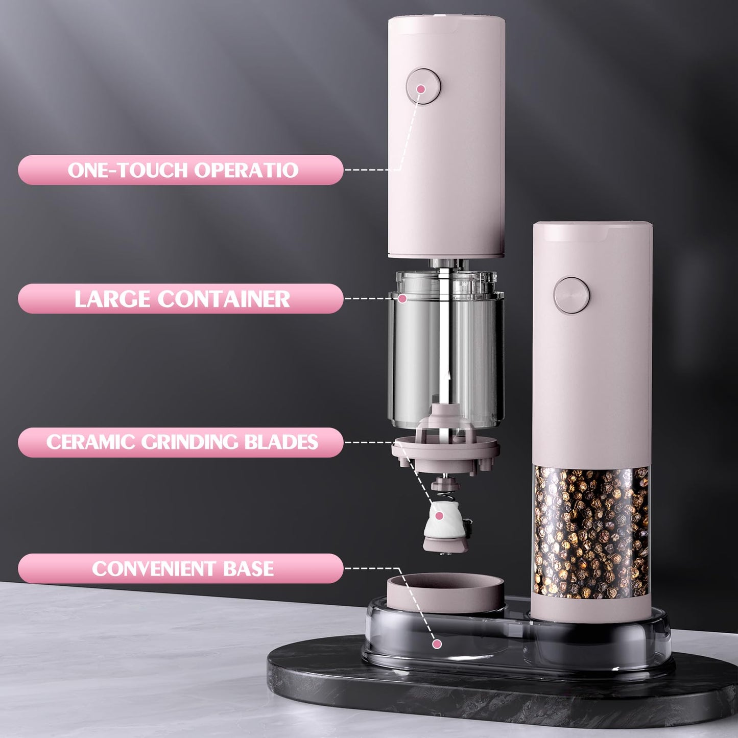 Salt and Pepper Grinder Set Birthday Gifts for Mom Automatic Battery Upgraded Larger Capacity Pink Salt Pepper Set New Apartment Gifts for Housewarming Cooking Gift