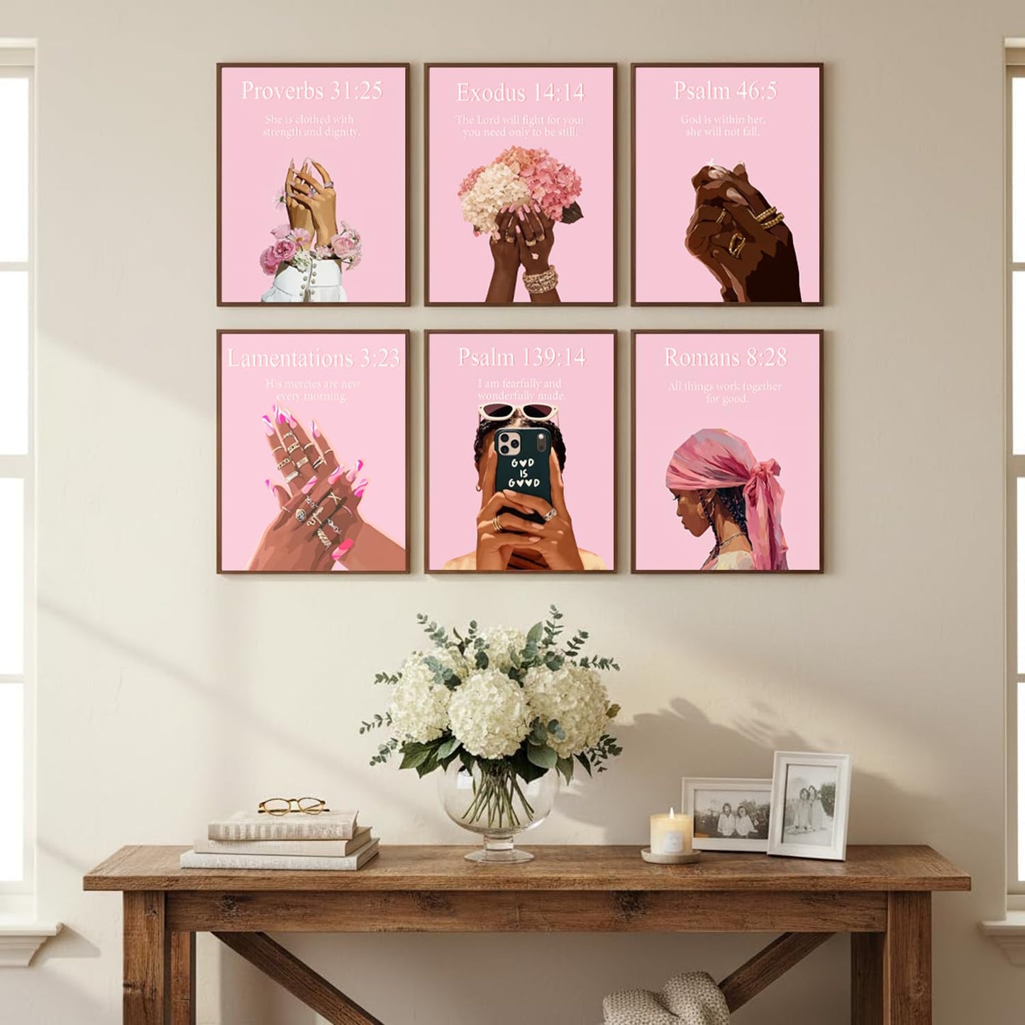 ANVOTIG Pink Christian Black Women Wall Art Prints Set of 9, Preppy African American Bible Verse Posters, Trendy Pink Black Girl Room Decor for Bedroom Bathroom Living Room 8x10 Inch Unframed