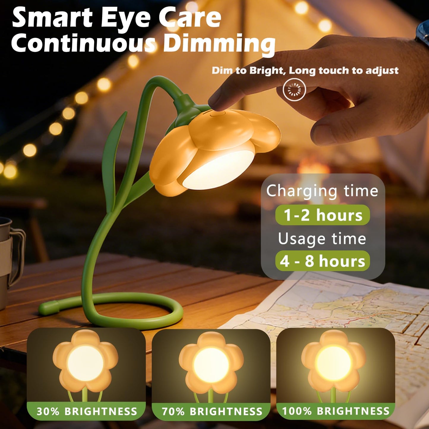 Pulazon Sunflower Desk Lamp,Rechargeable Neck Reading Light with Adjustable Flexible Gooseneck 3 Color Modes Adjustable Brightness,Cute Desk Lamp for Kids,Great Gift for Kids,Friends(Yellow)