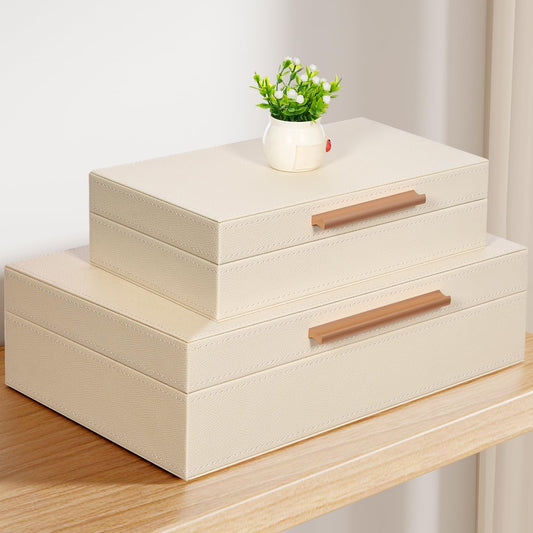 YUNSCEND Decorative Boxes with Lids 2-Set, Memory Box for Keepsakes, Saving Space, Beautiful PU Leather Keepsake Box, Decorative Storage Boxes with Gold Metal Handles Store Photos, Documents White