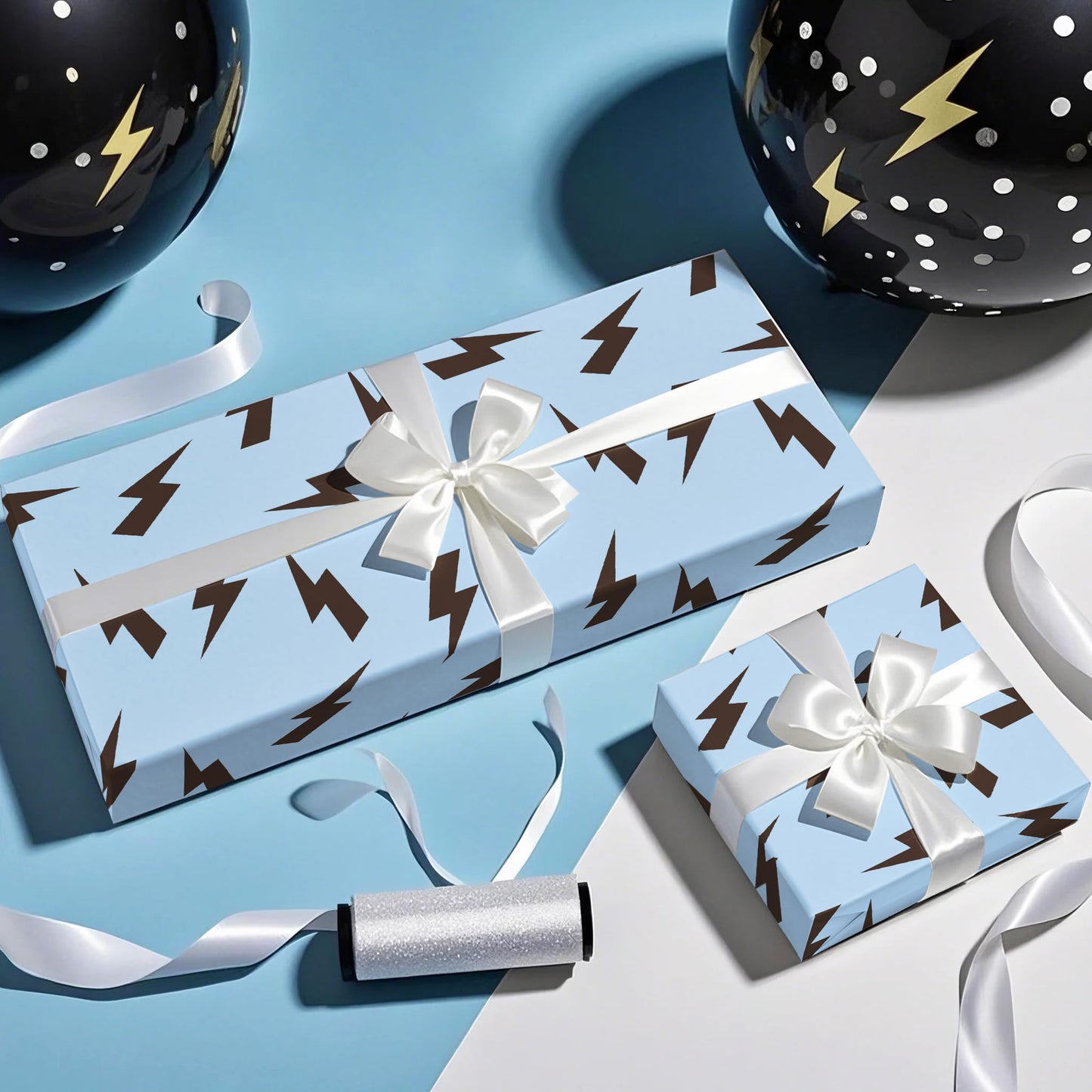 WRAPAHOLIC Lightning Bolts Wrapping Paper Roll - Mini Roll - 17 Inch x 16.5 Feet - Blue and Black Birthday Wrapping Paper Perfect for Men Boy Birthday, Baby Shower (Pack of 2)