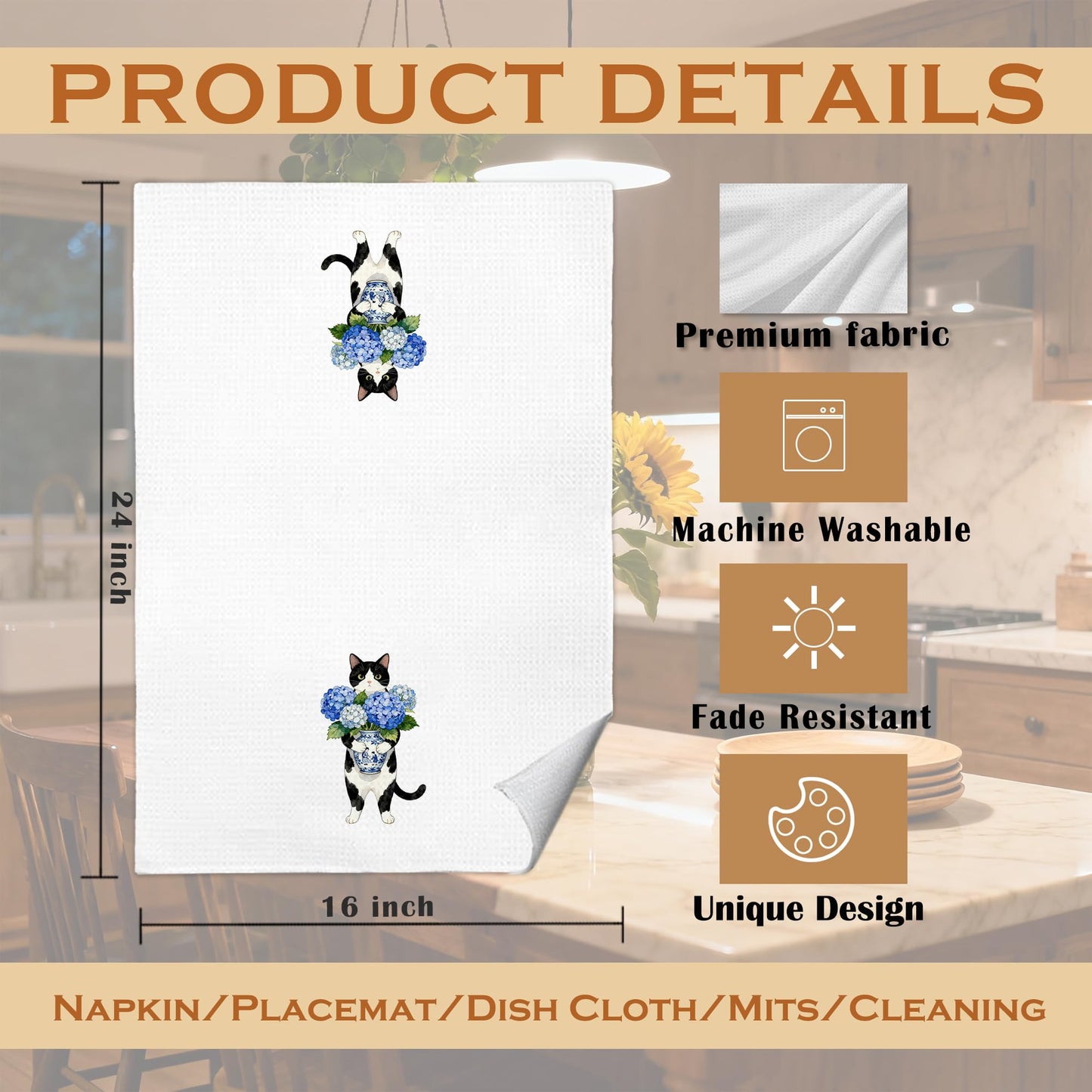 FRZSDVHNM Blue Hydrangea Floral Tuxedo Cat Kitchen Towels, Tuxedo Cat Gifts, Chinoiserie Flower Kitten Decorative Dish Tea Hand Towels for Kitchen Bathroom, 16x24 Inches Set of 2