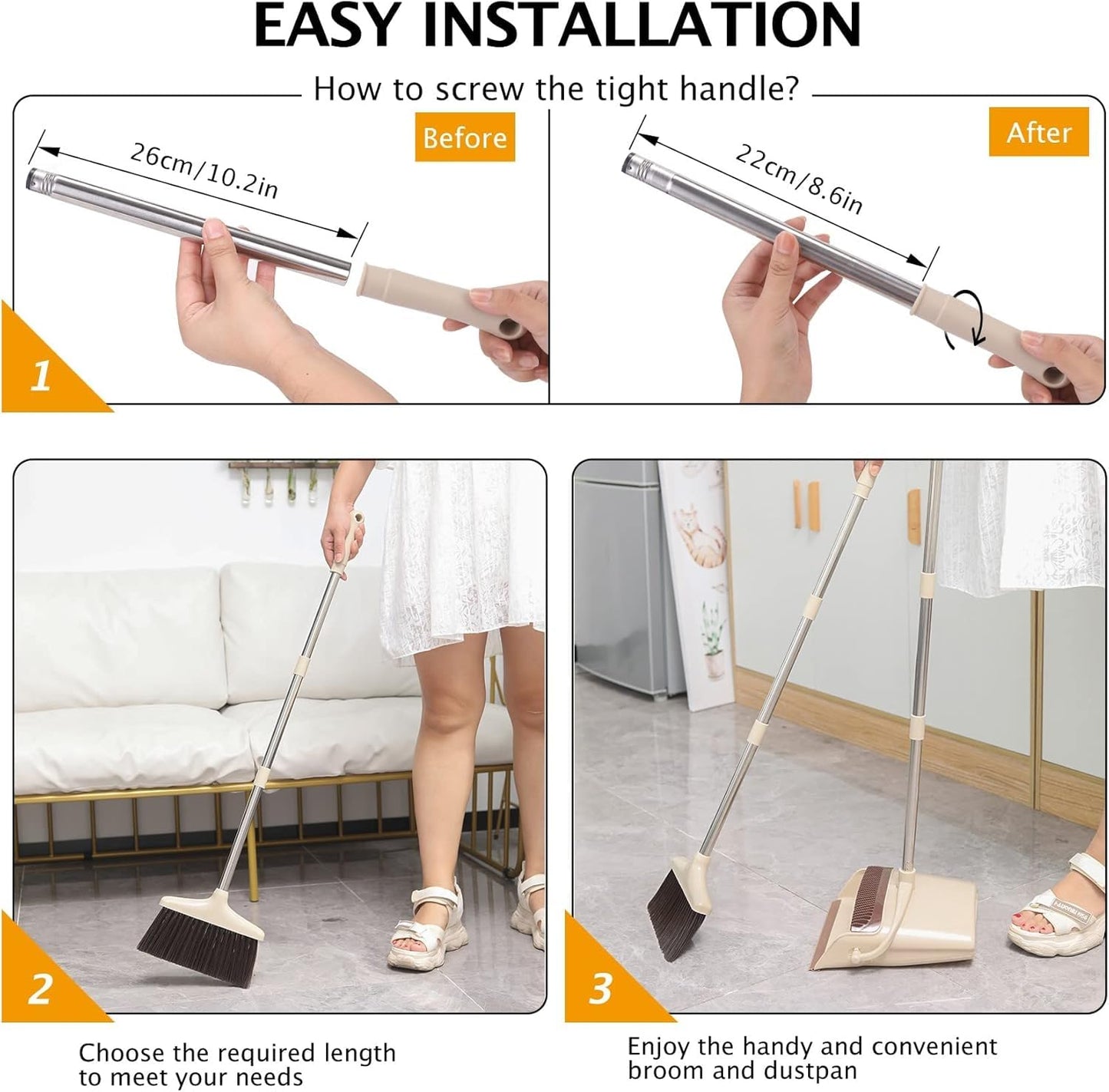 XXFLOWER Broom and Dustpan Set with Long Handle, Light Weight Stainless Steel Poles Stand Upright Dustpans with Broom Combo for Home Kitchen Office Pet Dog Hair, Brown & Beige Color, 1-Pack