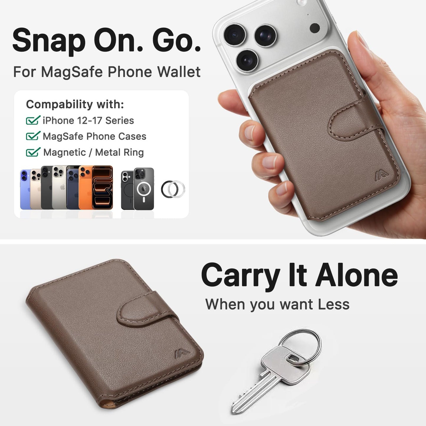MEFON for MagSafe Wallet, Magnetic Phone Wallet RFID Blocking, Slim 5-8 Card Holder with Cash Slot & Clear ID Window, Minimalist Mag Safe Wallets for iPhone 17/16/15/14/13/12 Series, Mocha Brown