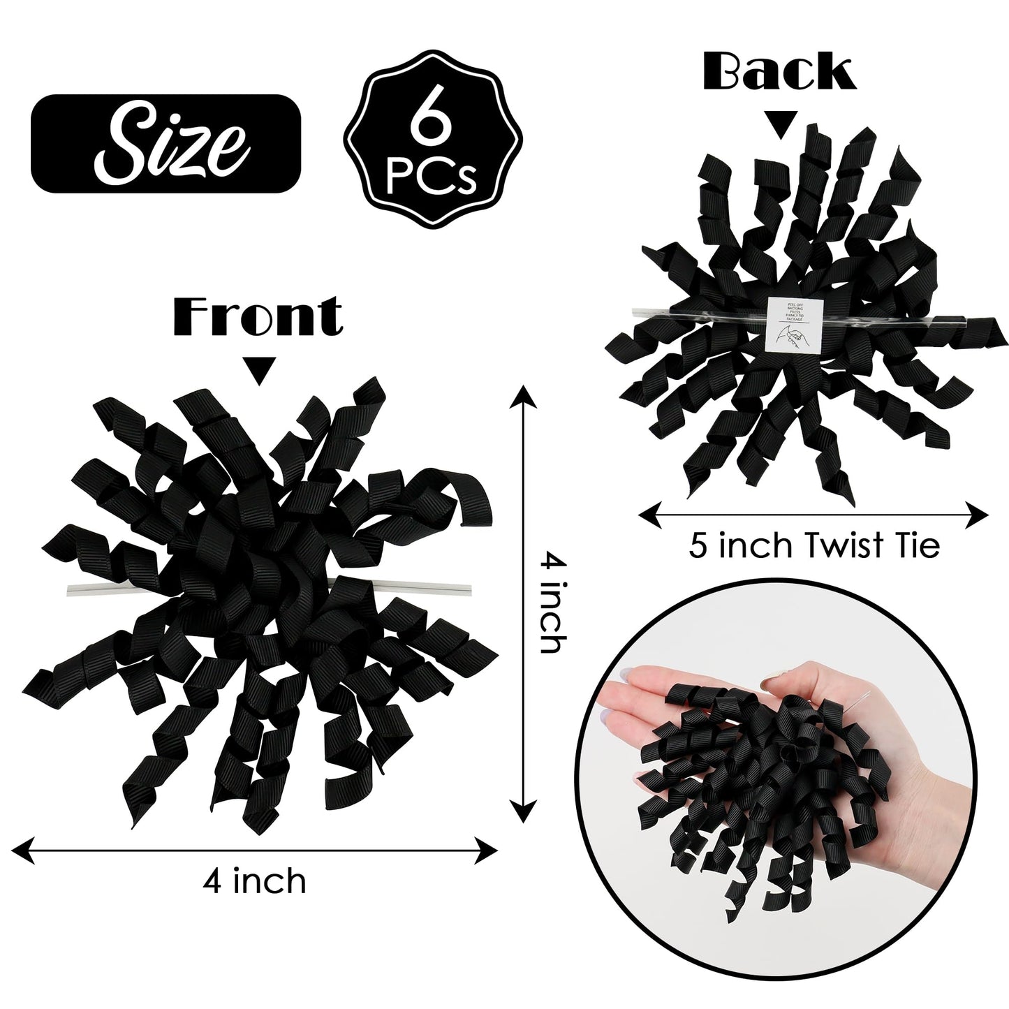 AIMUDI Black Bows 4" Black Burst Bows Self Adhesive Curly Ribbon Bows for Gift Wrapping Grosgrain Ribbon Twist Tie Bows for Treat Bags Gift Bags Christmas Wedding Party Decorations - 6 Counts